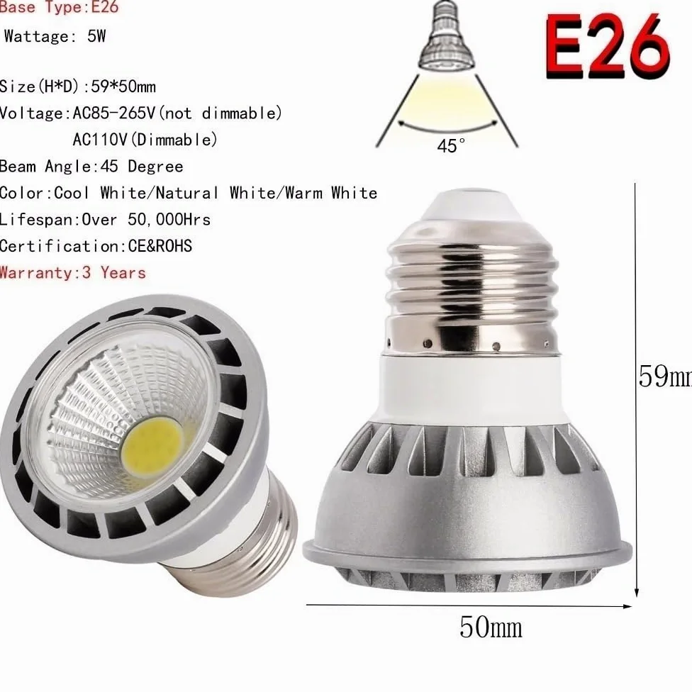 Luci, Confezione da 5, faretti LED COB AC85-265V 5W E27/E26/GU10/MR16, lampadine COB, lampadine per Uso Domestico