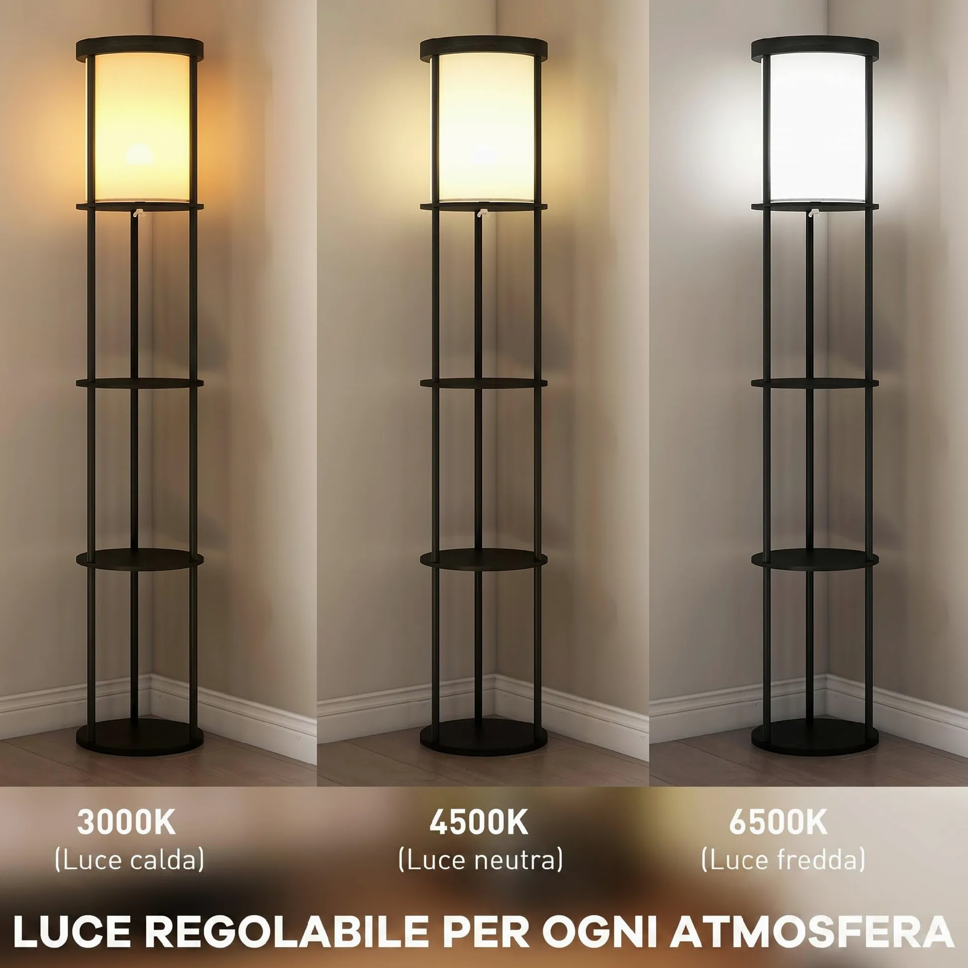 HOMCOM Lampada da Terra LED con Ripiani Rotondi, Piantana Moderna Nero | Paralume in Tessuto, Interruttore a Pedale e Telecomando, per Soggiorno e Camera da Letto