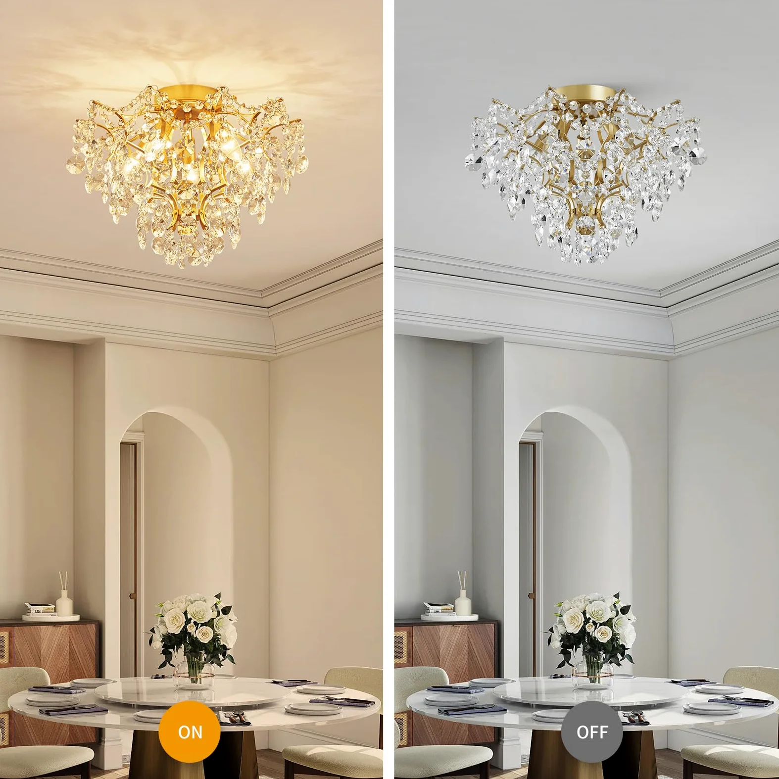 WUZUPS 5-luce cristallo lampadario Flushmount lampada a soffitto moderno illuminazione per camera da letto corridoio bar cucina bagno, H 30.5 cm x L 39 cm, E14 Base, oro