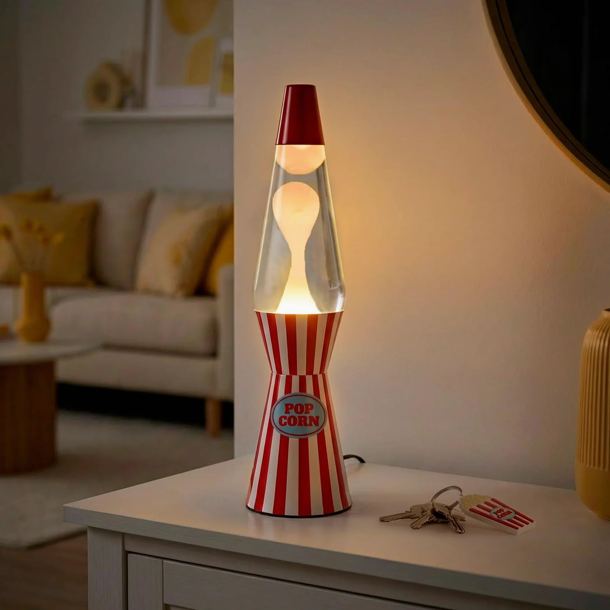 Fisura – Lampe à lave décorative “Pop corn”. Lampe relaxante au design original pour maison ou bureau, base à rayures et lave blanche, ampoule de rechange incluse, 11 x 11 x 40 cm