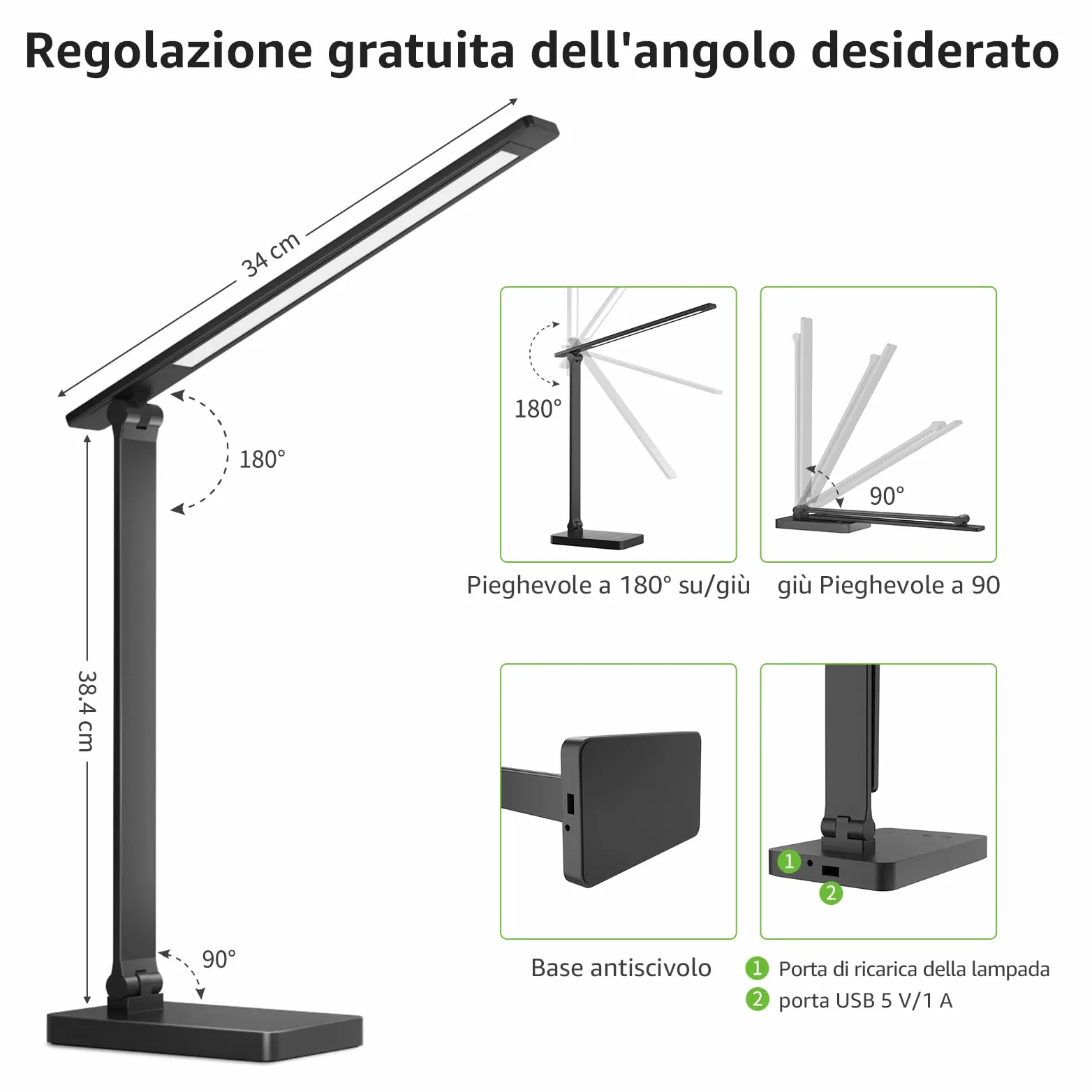 Lepro Lampada da Tavolo LED 15W, Lampada da Scrivania USB Ricaricabile, 3 Colori e 5 Livelli di Luminosità, Dimmerabile, Luce da Lettura Protezione degli Occhi per Ufficio, Camera, Nero