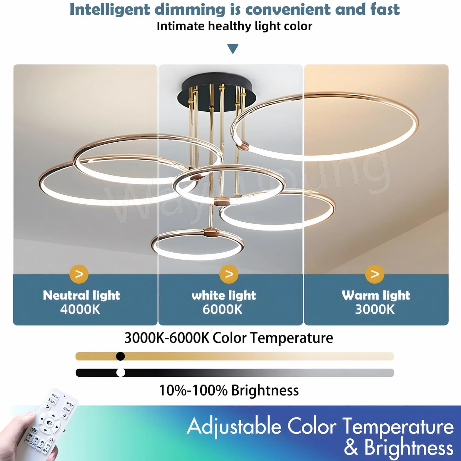 LED Plafoniera, Ø105cm Lampadario Cerchio In Metallo Dorato, 145W Dimmerabile Continuo 3000-6000K, Lampadario Rotondo Moderno In Placca Camera Letto Soggiorno Bambini Ufficio Studio (6 Anelli)