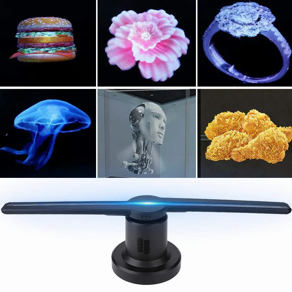 Proiettore pubblicitario olografico 3D, proiettore olografico 3D Display LED Fan Proiettore Ologramma Displayer pubblicitario + 8G Carta di TF per Negozio, Negozio, Bar, Supermercato, ECC.(EU)