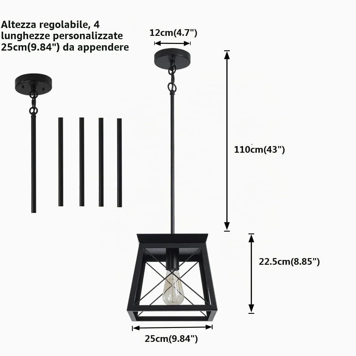 Ganeed Lampada a sospensione da fattoria Gabbia in metallo Lampadario a lanterna rustica regolabile in altezza per cucina Isola Sala da pranzo Camera da letto Foyer E27 Nero 1 luce