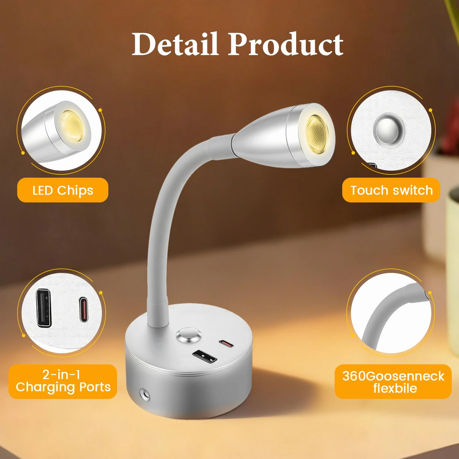 2 Pezzi Lampada da Lettura per Camper con Caricabatterie USB A+C, faretto da Parete a LED da 12 V, Lampada da Parete Flessibile a Collo D'Oca per Camper roulotte Barca Yacht (Argento)