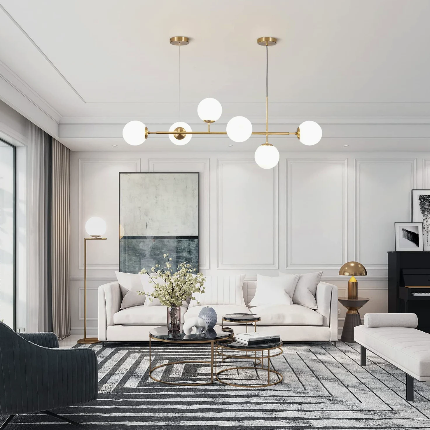 KCO Lighting Lampadario in vetro lattimo a 6 luci, lampadario lineare moderno a globo, lampada a sospensione bianca e oro Lampadario rettangolare di metà secolo per isola cucina