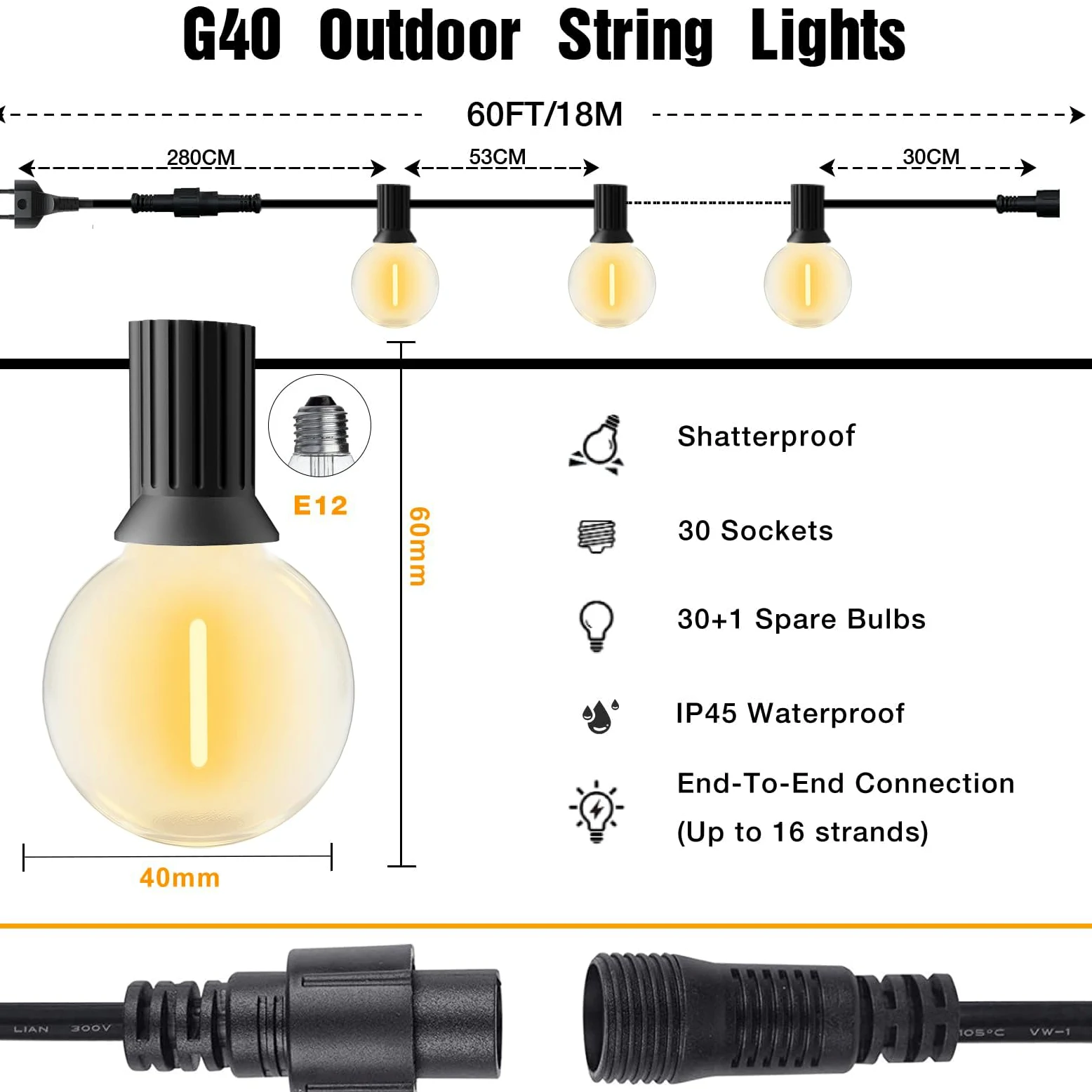Catene Luminosa Esterno 18M/60FT, 30+1 LED G40 Lampadine,Risparmio Energetico Luci a Festone per Esterni, IP45 Luci da Giardino Impermeabili per Cortile Matrimoni, Feste