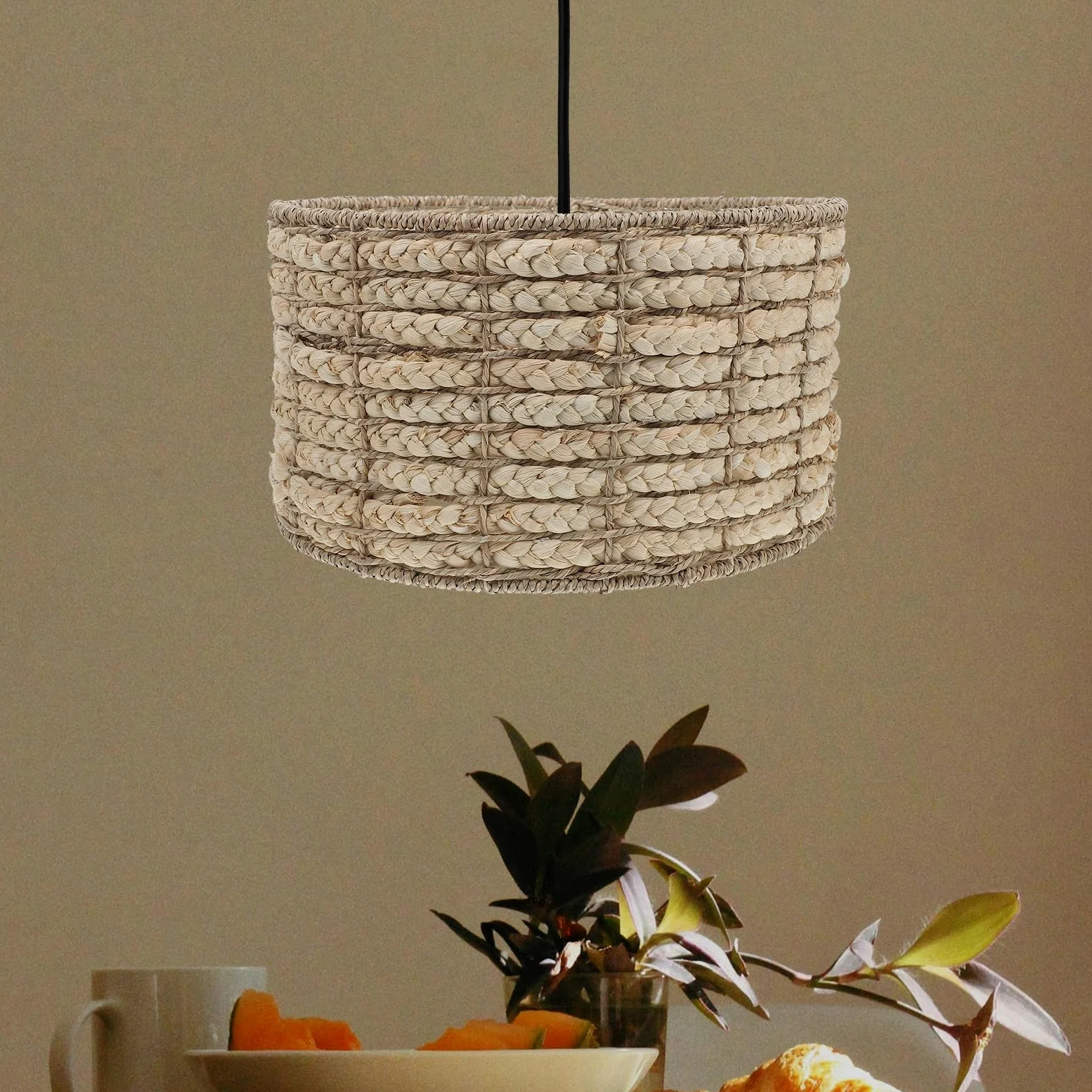 Paralume in Alga Marina e Ferro, Beige, Luce Soffusa, Stile Rustico Naturale, per Casa e Soggiorno, per Lampada a Sospensione e Decorazione Sala da Pranzo