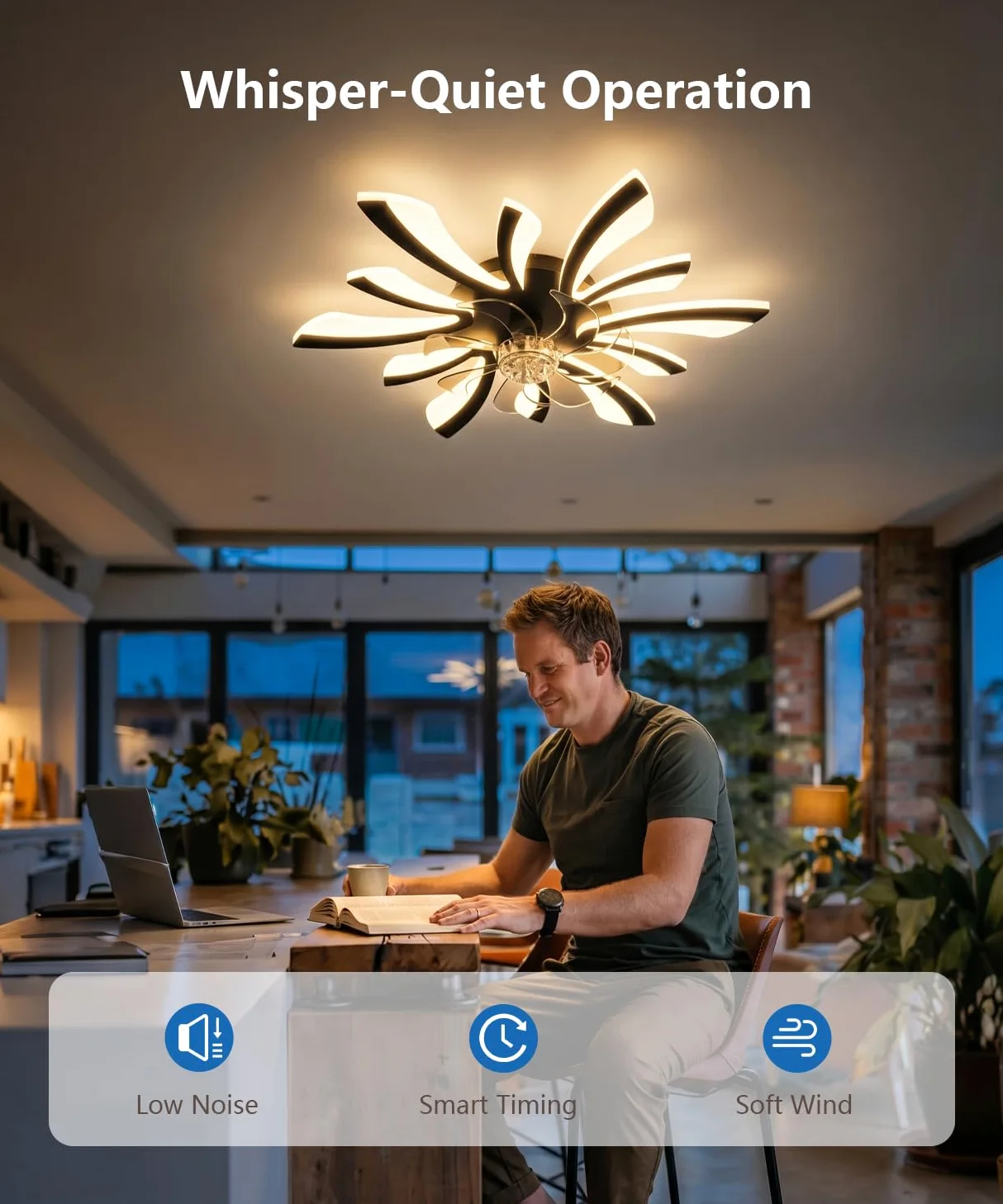 LJX Lampadario con Ventilatore da Soffitto con Telecomando DC Plafoniera con Ventilatore Led Soffitto Silenzioso Dimmerabile Estate e Inverno Cucina Camera da Letto, Nero