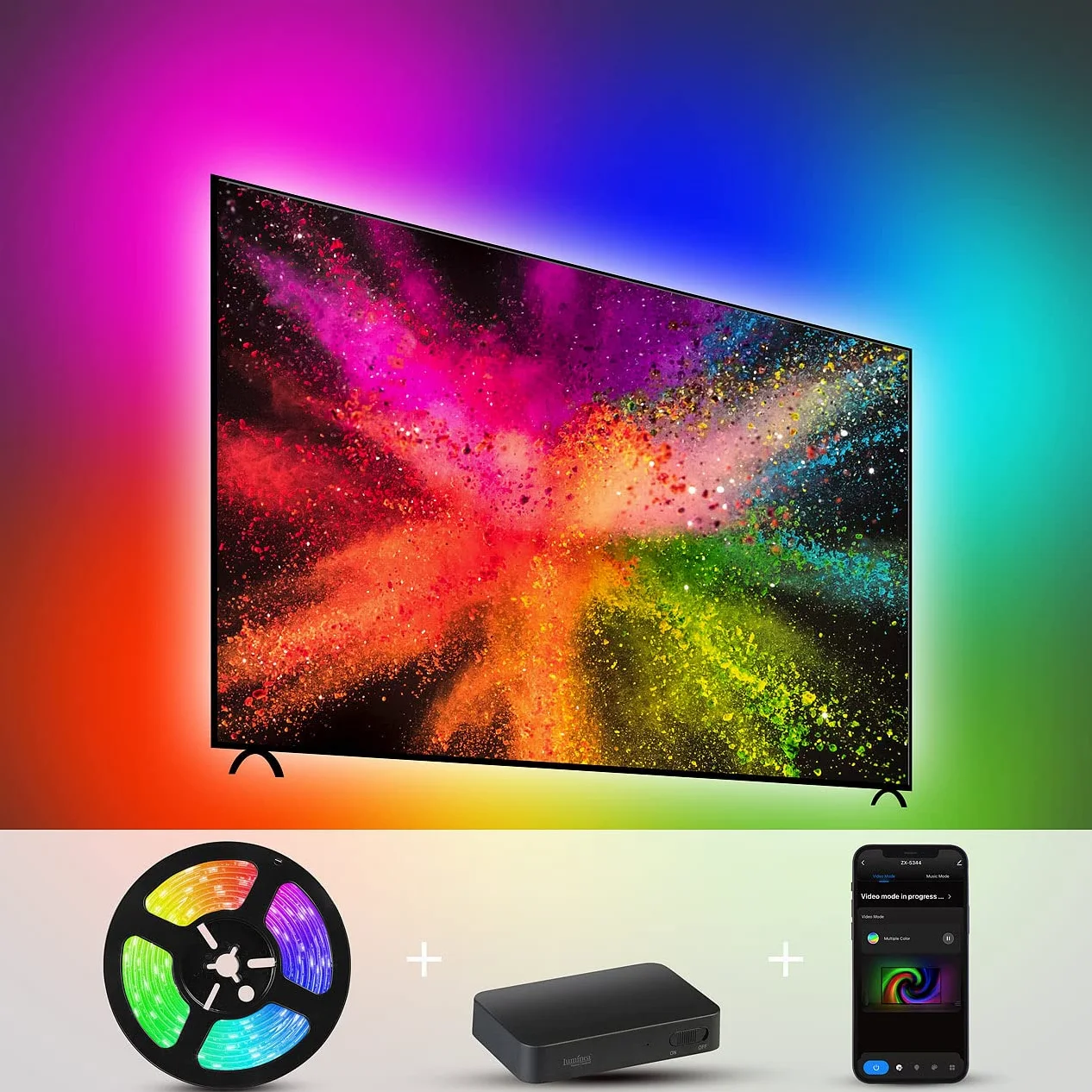 Luminea Home Control TV-Sync-Box HDMI con striscia LED RGBIC 3,8 m per TV 55-65", WiFi, 4K