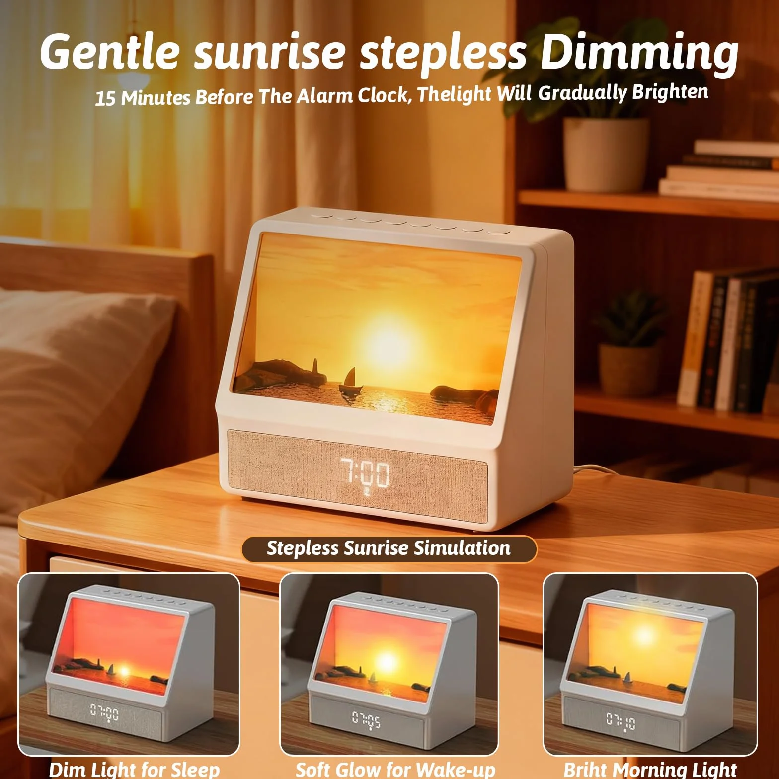 Gemmac Sveglia Simulazione D'alba con Luce suono naturale 12 Rumori Bianchi e Cassa Bluetooth Sveglia da Comodino Funzione Display l'alba per Camera da Letto, Risveglio Dolce e Luminoso per Adulti