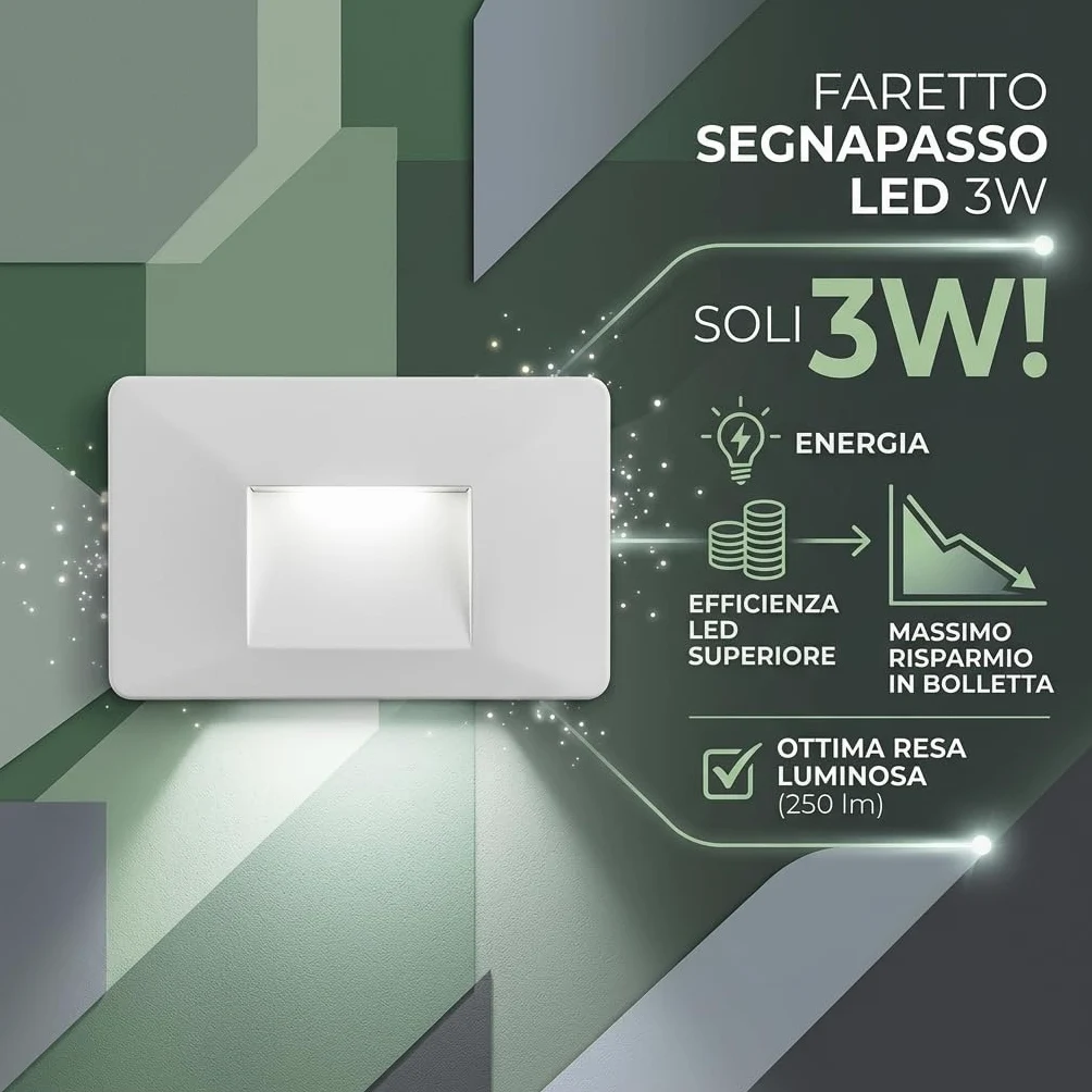 MAKA Faretto Segnapasso LED 3W IP65 da Parete 220V CCT Switch 3000K-6400K 270lm Rettangolare Luce Scala Interno Esterno Illuminazione Segnapasso Moderna (5 Pezzi)
