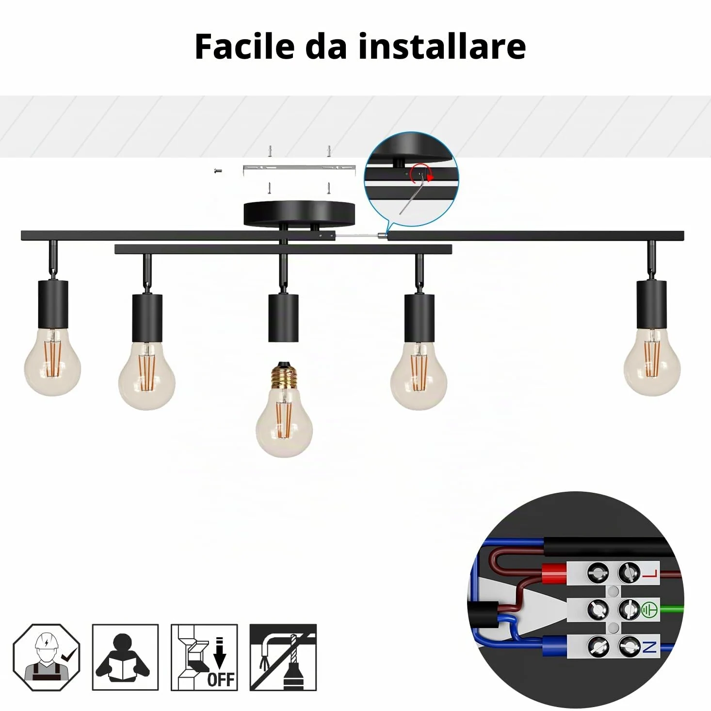 LVWIT Faretto LED Interno Nero, Lampadario Faretti con 5 Attacco E27, Faretti Soffitto Moderna, Faretti Orientabili per Barra, Salotto, Cameretta, Cucina,Corridoio Illuminazione (Senza Lampadina)