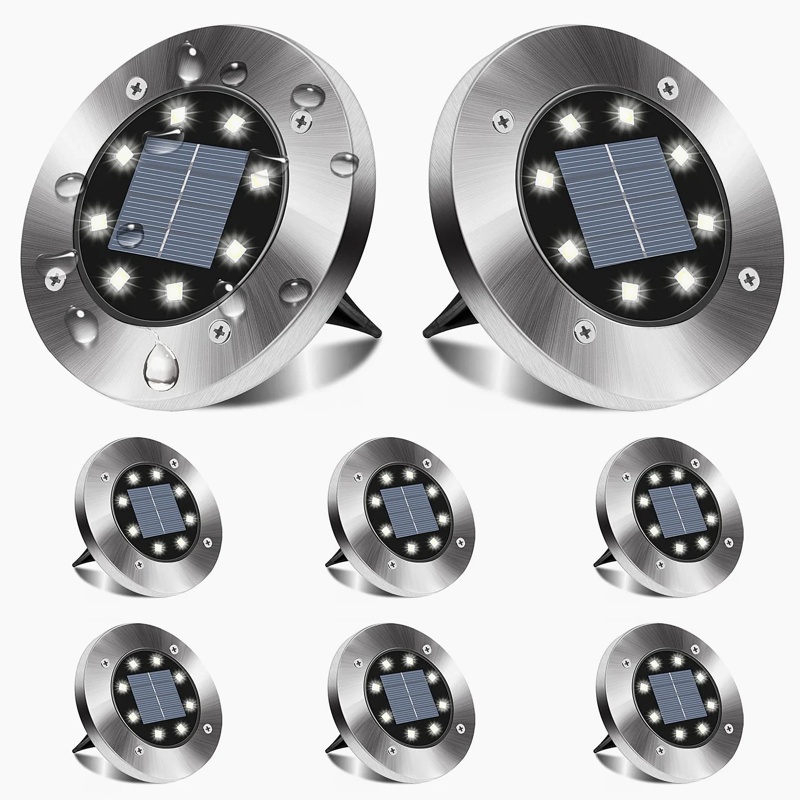 MOCOST Confezione da 8 luci solari da terra, 8 LED intelligenti, luci solari a disco, lampada impermeabile per esterni, per cortili, giardini, prati, marciapiedi (bianco freddo)