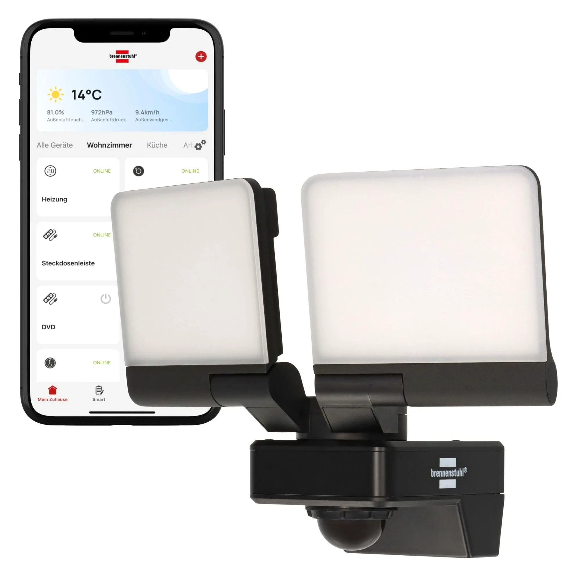 Brennenstuhl Connect WiFi Faretto LED doppio WFD 3051 P con rilevatore di movimento (36 W, 4300 lm, IP54, varie funzioni di luce regolabili tramite app, faretto da esterno per montaggio a parete)