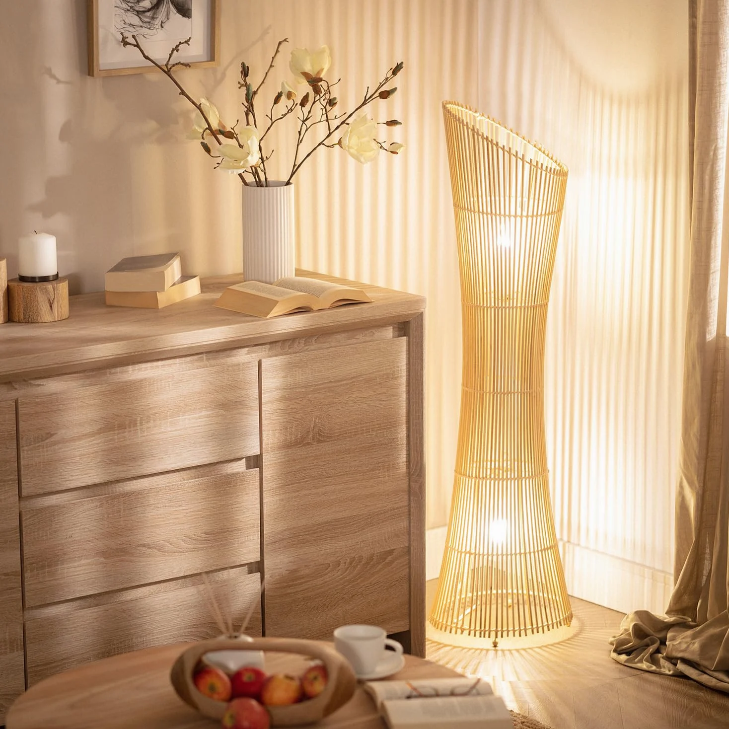 LEDKIA LIGHTING - Lampada da Terra Design Marady | Bambù Naturale | Compatibile con Lampadine E27 | Per Soggiorno, Cucina, Camera | Altezza 118 cm, Colore Naturale