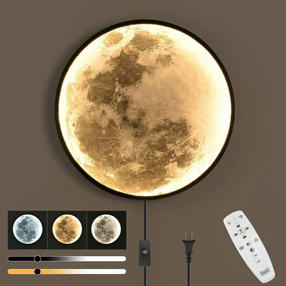 Luna 3D Grande da Parete Applique da Parete a LED Rotonda Dimmerabile con Telecomando Lampada da Parete con interruttore a filo e spina Plafoniera LED Lampada da Luna Art Deco Lampade da Muro Interno