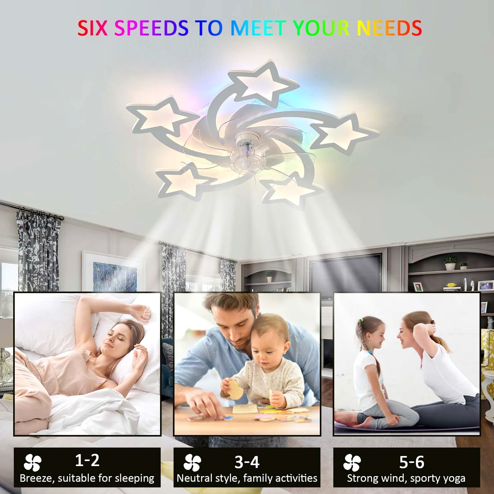 RGB Lampadario Con Ventilatore Da Soffitto Con Telecomando APP, Bambino Cameretta Lampadario Ventilatore Reversibile 6 Velocità Dimmerabile Ventola Soffitto Con Luce Memoria Silenzioso Bianco