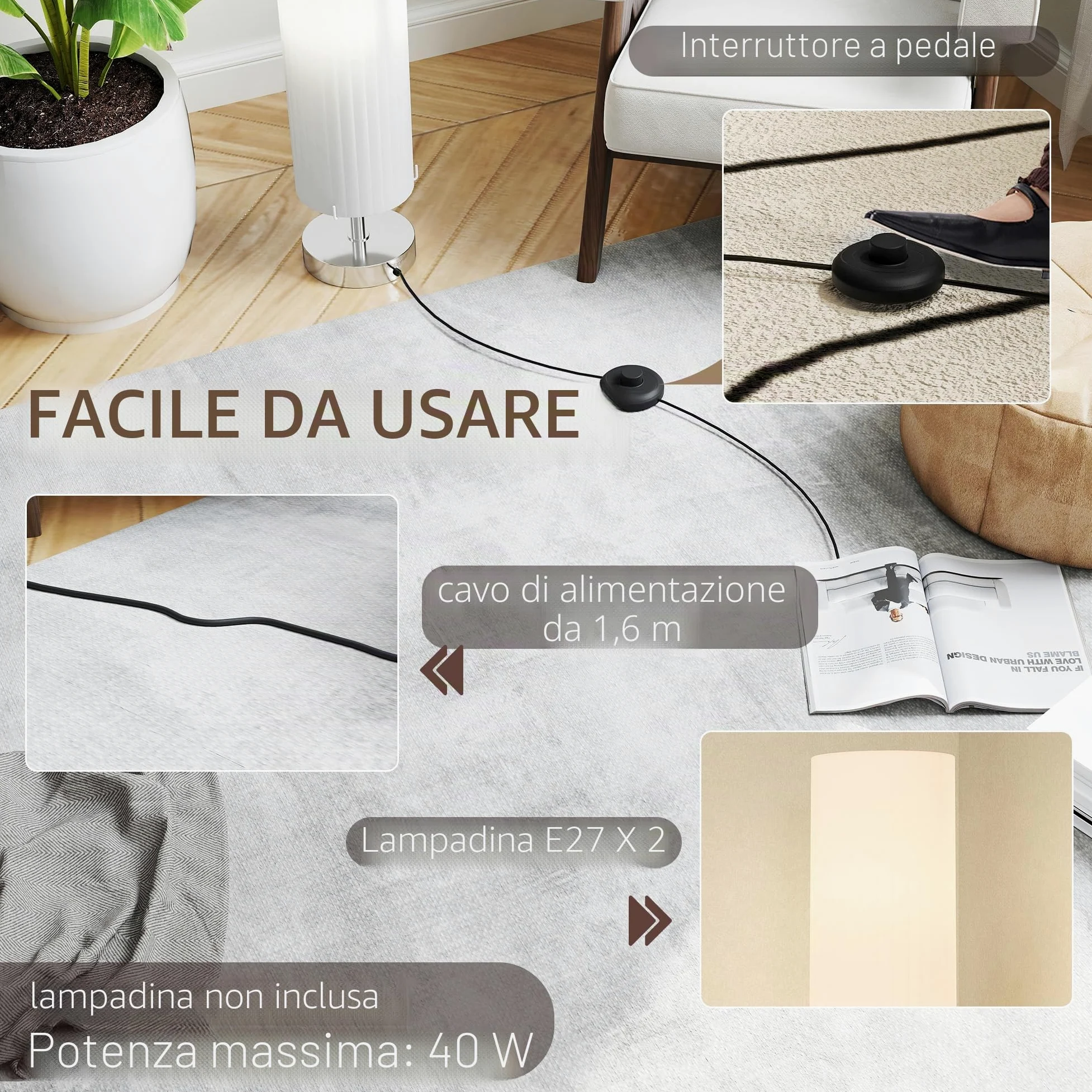 HOMCOM Lampada da terra soggiorno paralume poliestere, 2x E27 | Lampada da terra con interruttore a pedale, base in acciaio, lampada a stelo per camera da letto, ufficio.