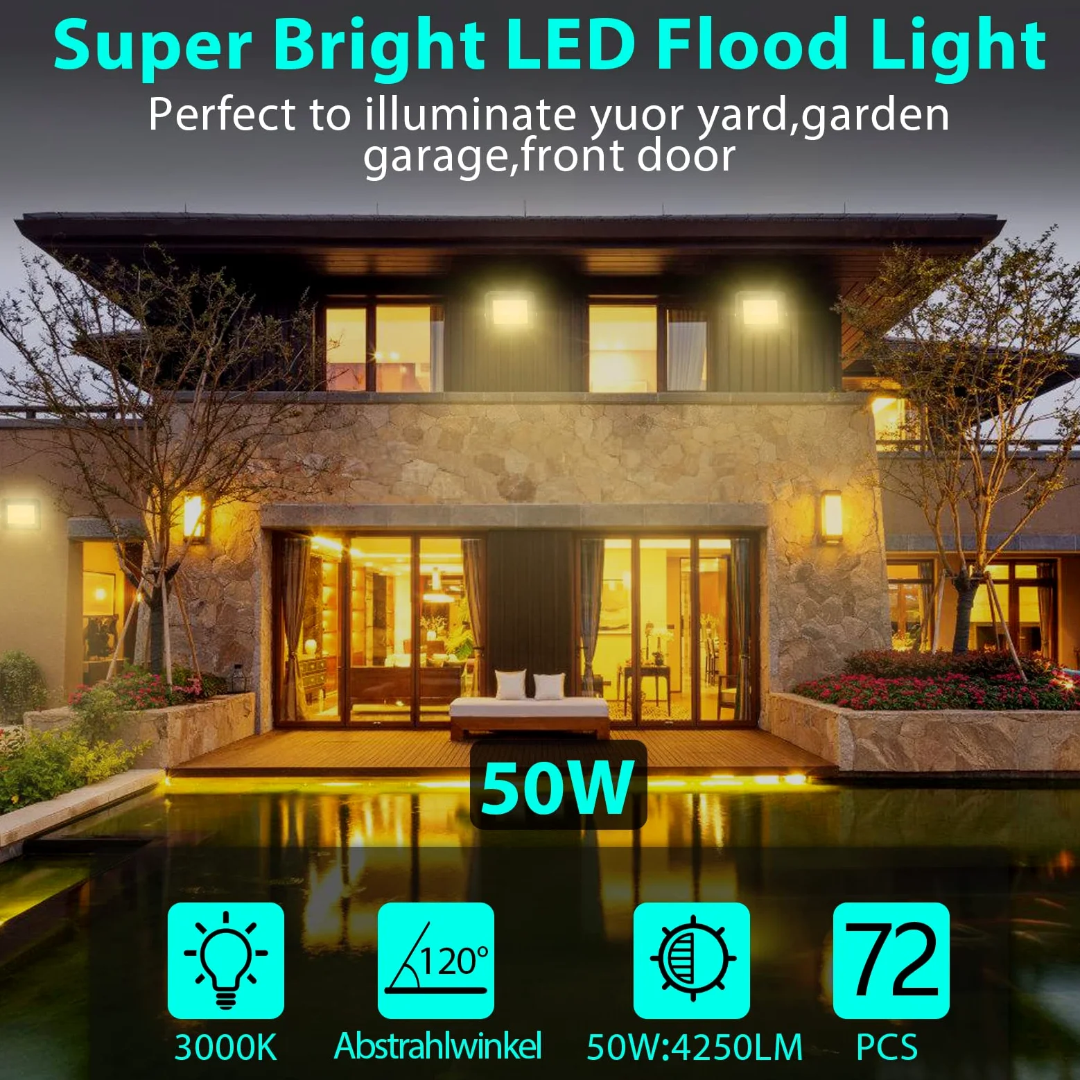 Faretto LED da Esterno 5x50W, Super Luminosa 4250LM Proiettore Lampada Luce Potente Bianco Caldo 3000K, IP66 Impermeabile Per Piazzale, Parcheggio (Nessuna Spina)