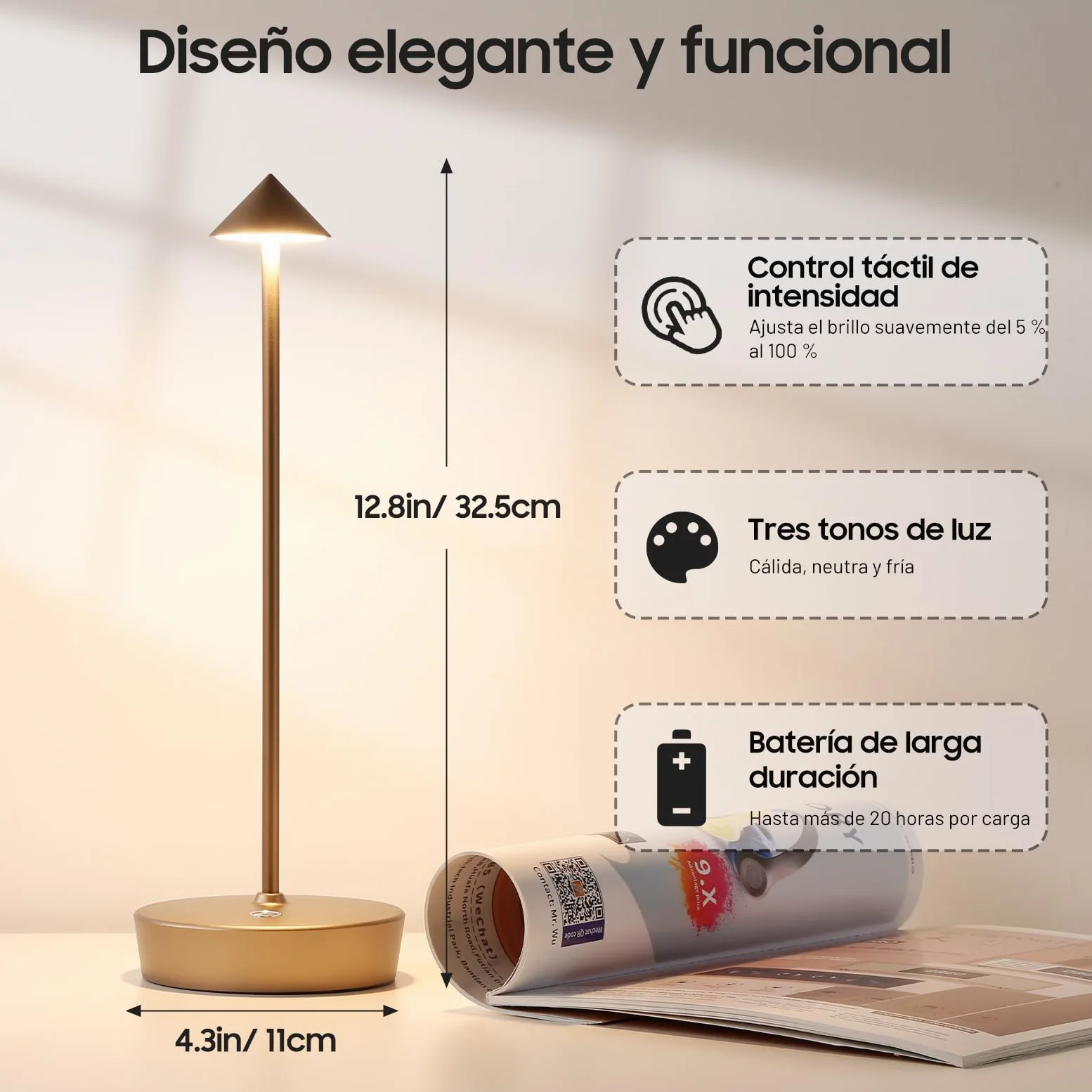 Lampada da Tavolo Senza Fili Ricaricabile,Lampada Led da Tavolo,3 Modalità di Colore, IP54, per Interni/Esterni, Ristorante (Bronzo)