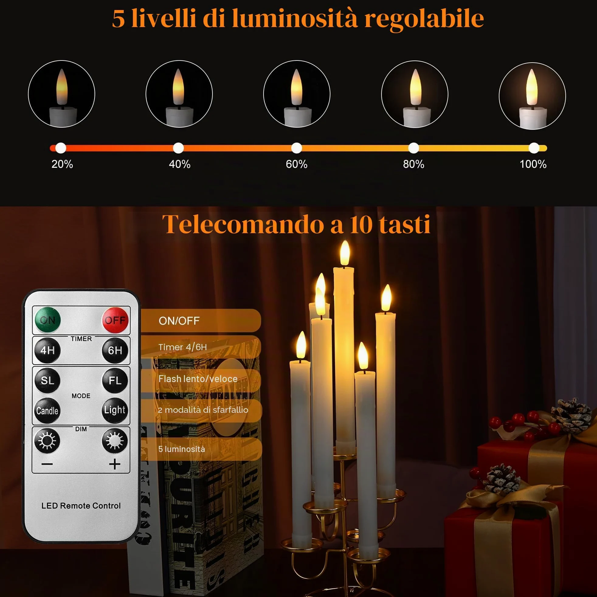 EXTSUD Set di 6 candele a LED a lunga durata, senza fiamma, con 2 telecomandi, candele per finestra a LED, ricaricabili, bianche, decorazione per Natale, matrimoni, feste, banchetti