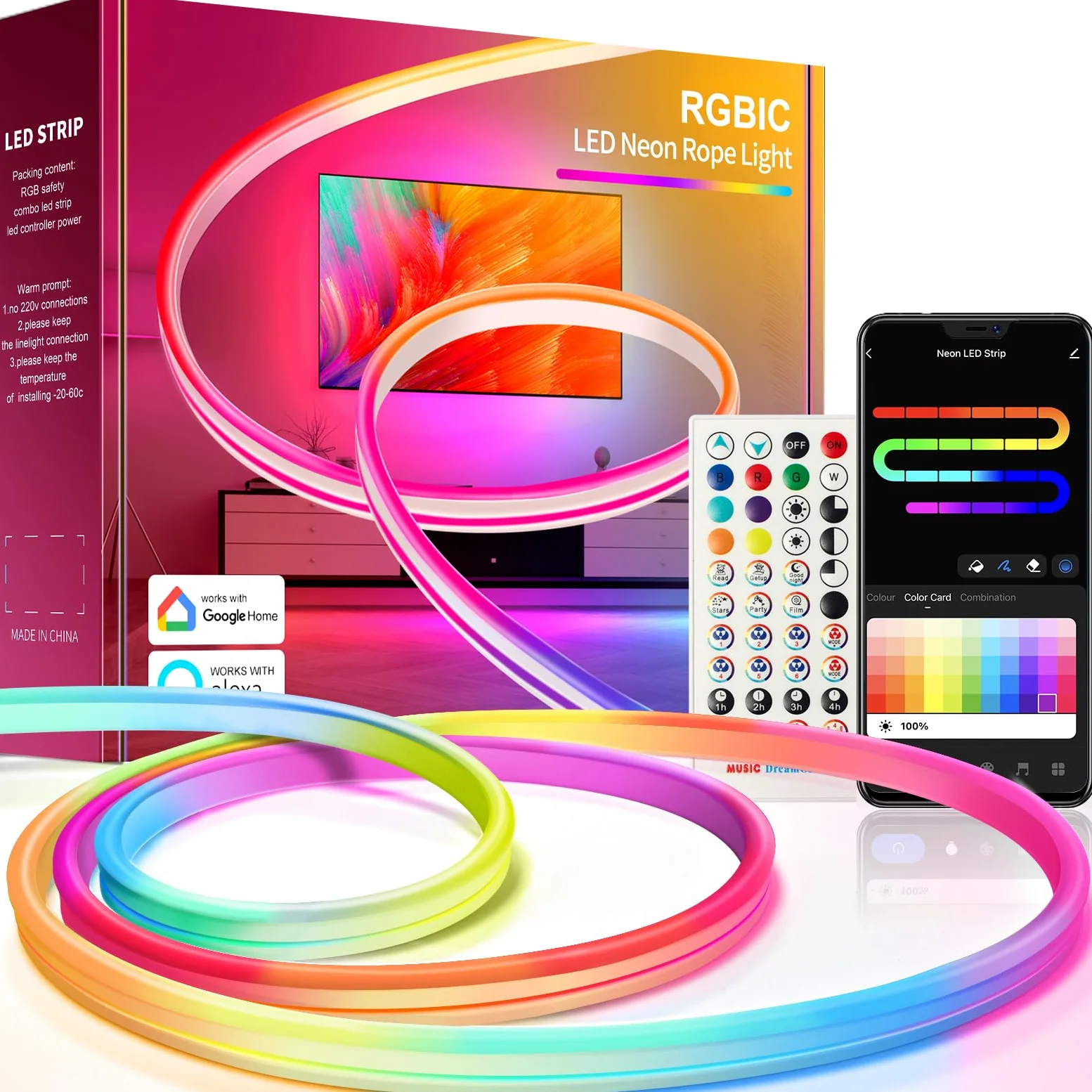 Nixtrve Striscia LED neon RGB 3 m, con controllo app, design fai da te, funziona con Alexa, controllo segmento, sincronizzazione musicale, LED neon per soggiorno, camera da letto, decorazione da