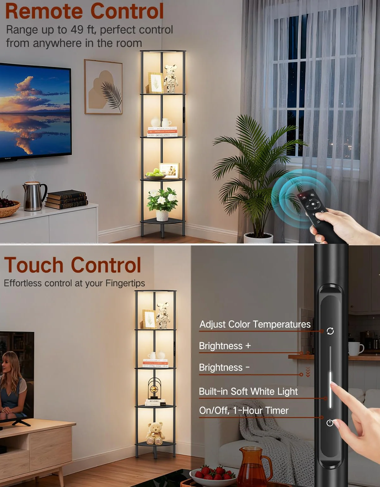 Lampada da Terra LED con Libreria Angolare a 5 Ripiani, Dimmerabile con Touch e Telecomando, 3 Temperature di Colore, Scaffale ad Angolo in Legno per Soggiorno, Camera da Letto e Ufficio