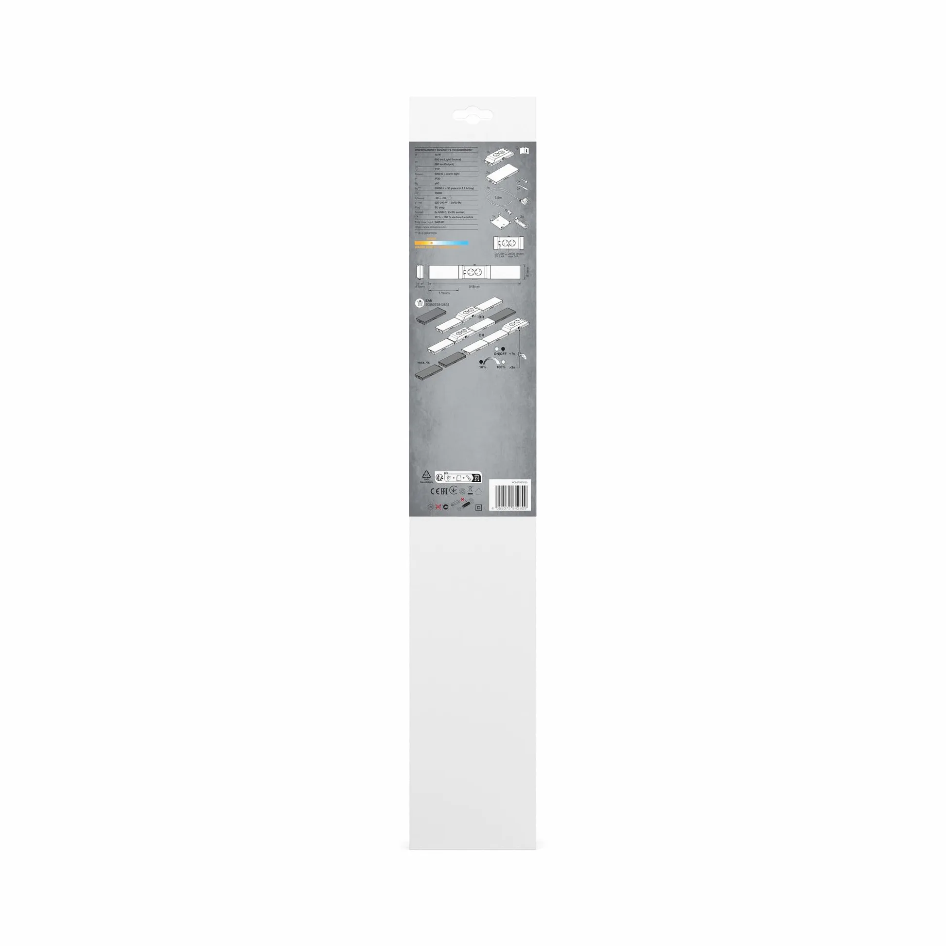 LEDVANCE apparecchio sottopensile con 2 prese e 2 connessioni USB-C, fascio luminoso ampio, 10 W, 500 lm, 3000 K, 830 bianco caldo, dimmerabile, set bianco in plastica (PC), IP20