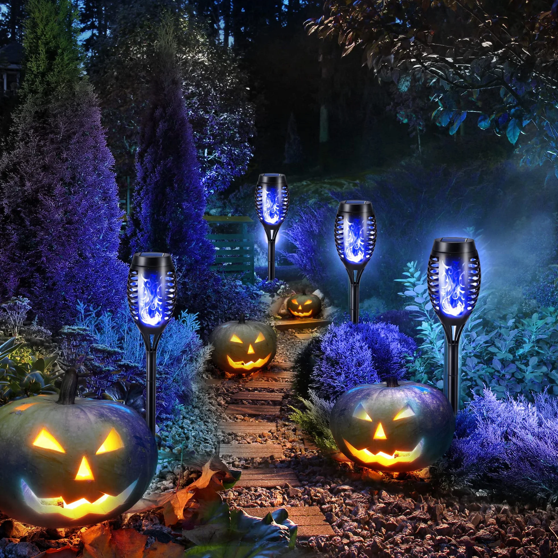 Geemoo Solari Esterno 6 Pezzi Lampade Solari da Giardino Torcia Luce con Blu Fiamma Tremolante Realistico, Luci Decorative per Halloween Esterno, Giardino, Patio, Prato