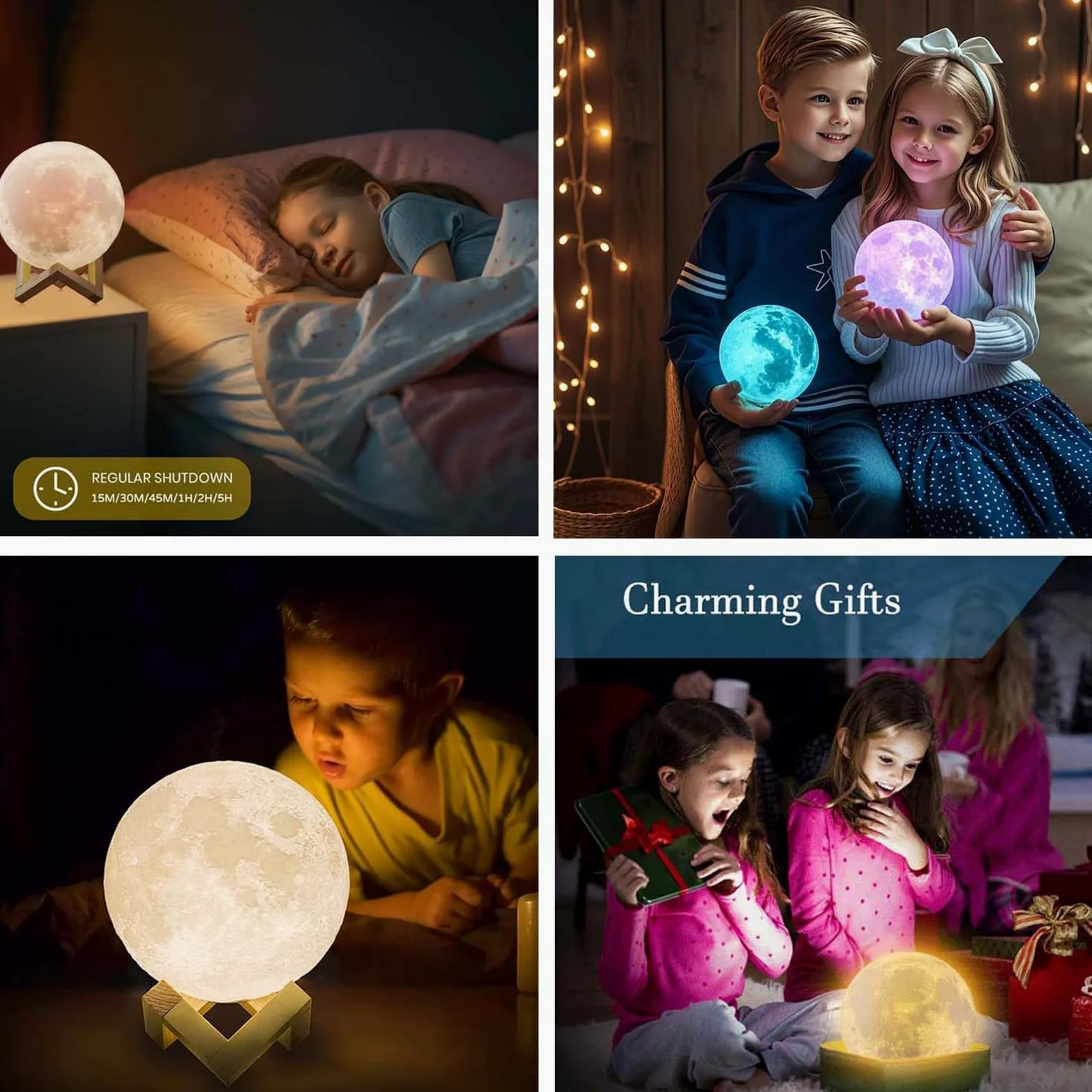Lampada notturna 3D a forma di luna, con telecomando e controllo touch, ricaricabile tramite USB, funzione di temporizzazione, 16 colori, supporto in legno