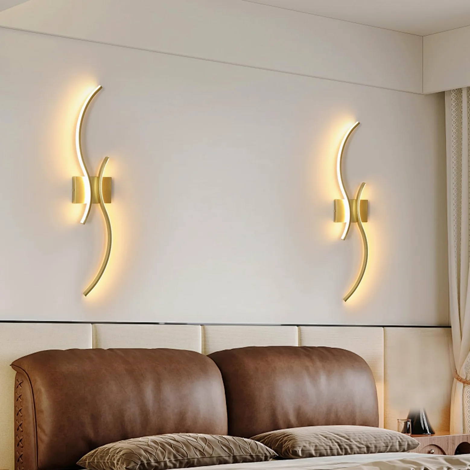 Goeco Applique LED da Parete Interni, 32W 80 CM Luci da Parete Dimmerabile Lunga con Telecomando 3000K-6500K con 2 Luminosi Ondulati per Soggiorno, Camera da Letto, Dorato