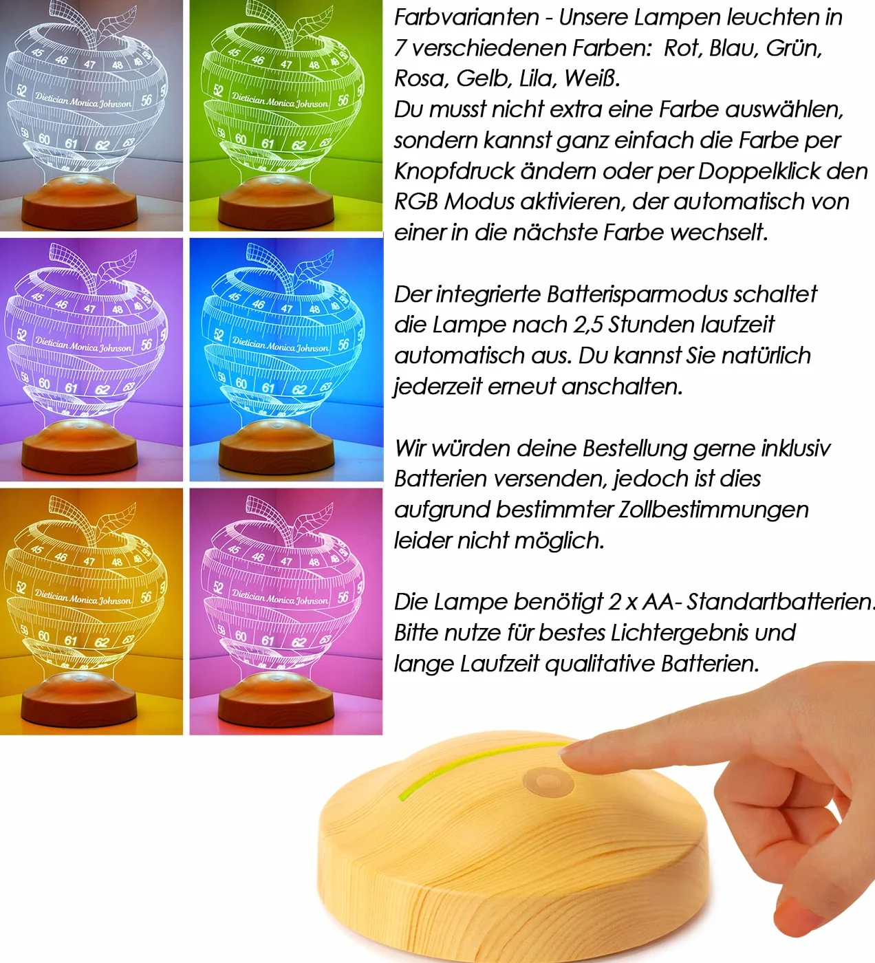 Lampada personalizzata 3D Mela led per Fitness Yoga colleghi di lavoro nutrizionisti assistente dietetico personalizzato