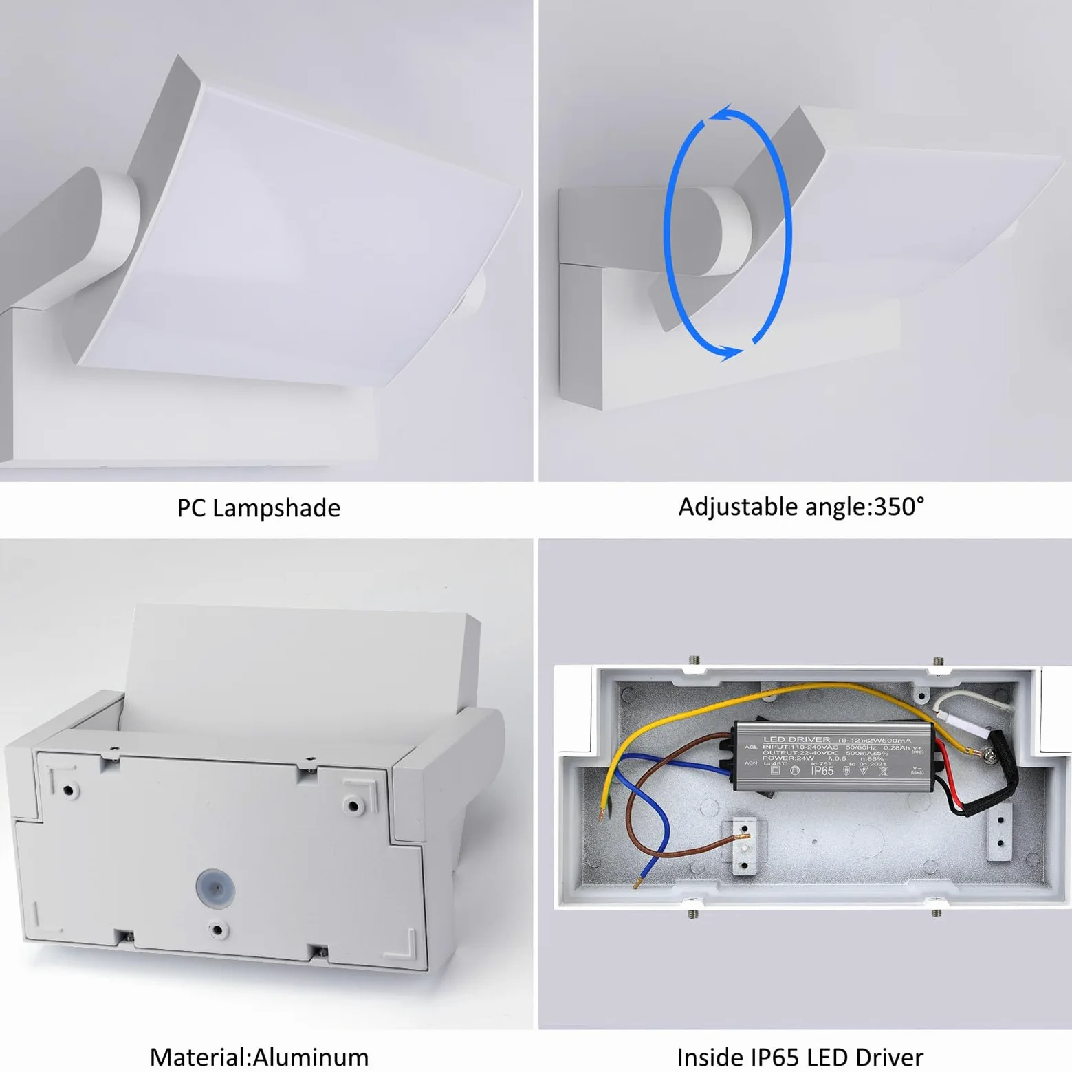 Klighten 24W Lampade da Parete LED Esterno Interno IP65, Lampade Esterno Orientabile Applique Moderno da Parete in Alluminio per Corridoio Ingresso Giardini, Bianco Caldo 2700K-3000K, Bianca
