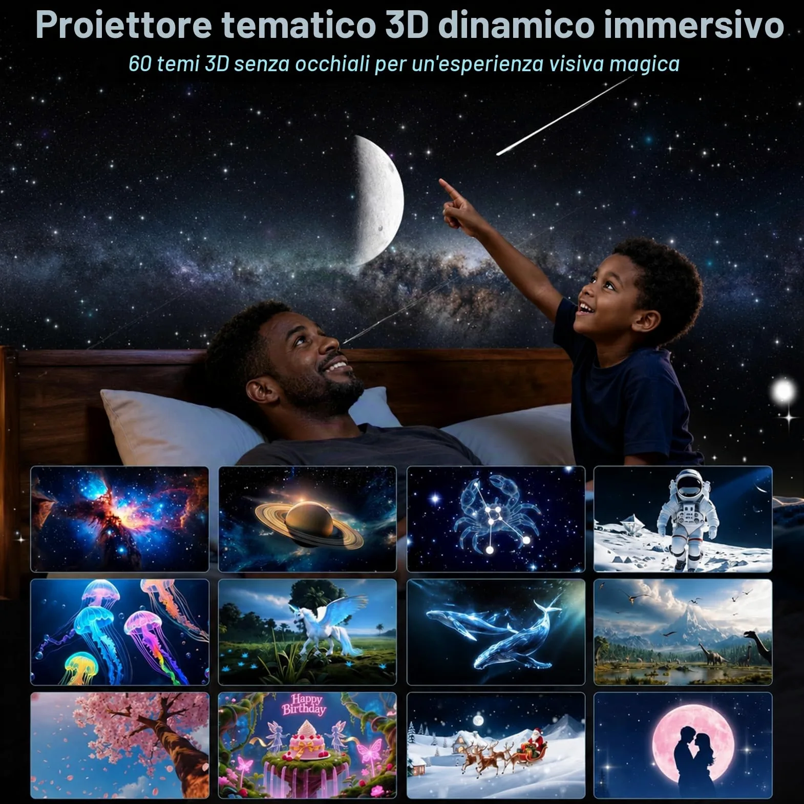 PRANITE Proiettore 3D Nordlicht 60 temi HD Galaxy Proiettore con altoparlante Bluetooth, timer remoto, luce notturna camera da letto, festa, bambini, compleanno adulto | Scene dinamiche: cielo stellato, oceano, feste, ecc., telecomando e timer.