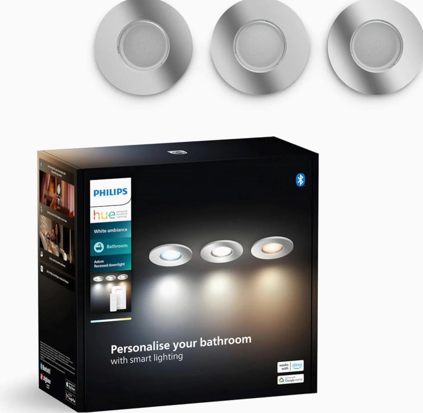 Philips Hue Adore, Faretti da incasso smart, Confezione da 3 | 5 W, Luce bianca da calda a fredda, Telecomando Dimmer Switch incluso, Smart Home, Controllo vocale via app, Con Bluetooth