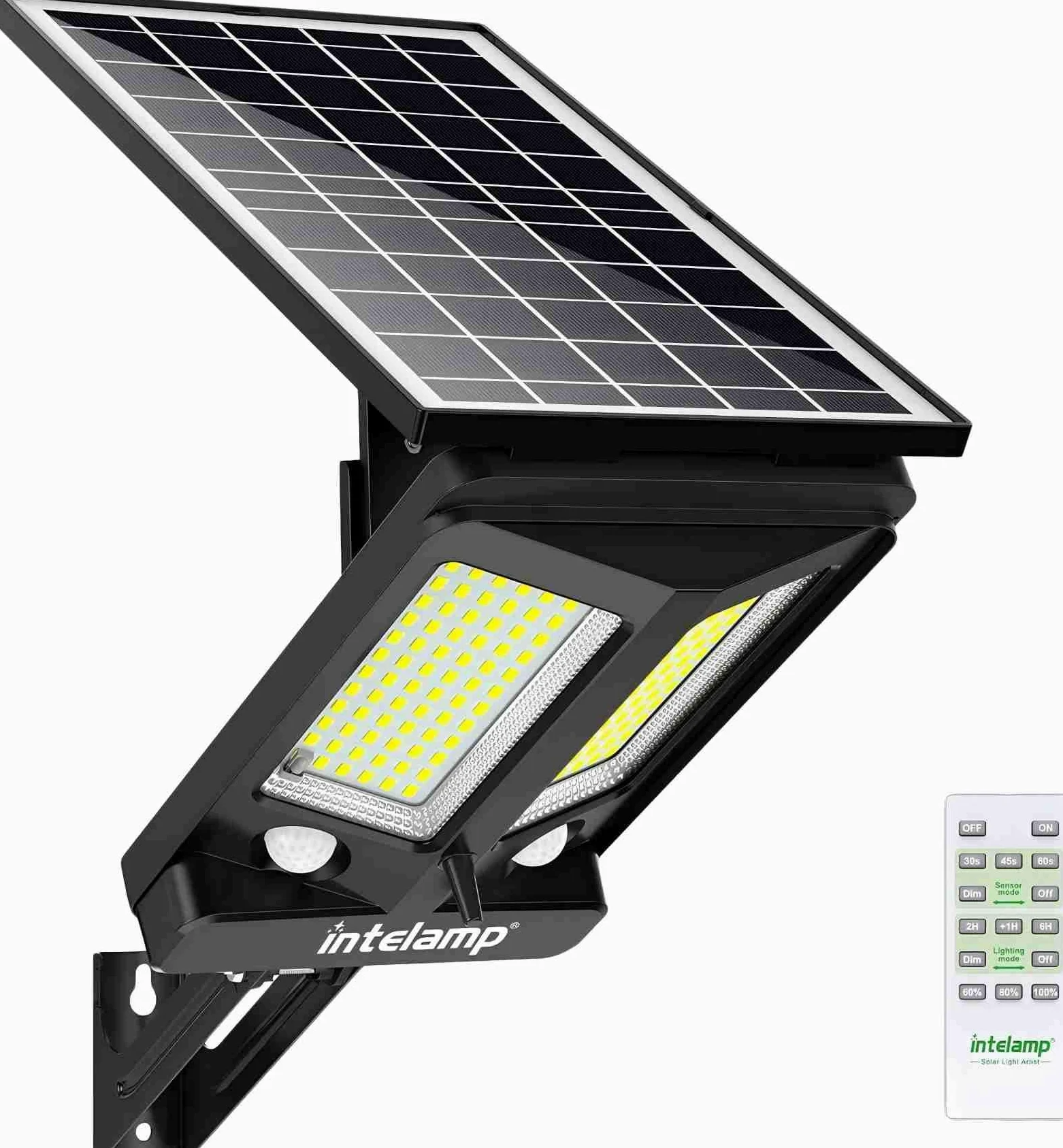 INTELAMP Lampade solari per esterni con sensore di movimento e telecomando, 12500mAh 3000LM, lampade solari per esterni per illuminazione di terrazza, garage, strade, IP65 impermeabile