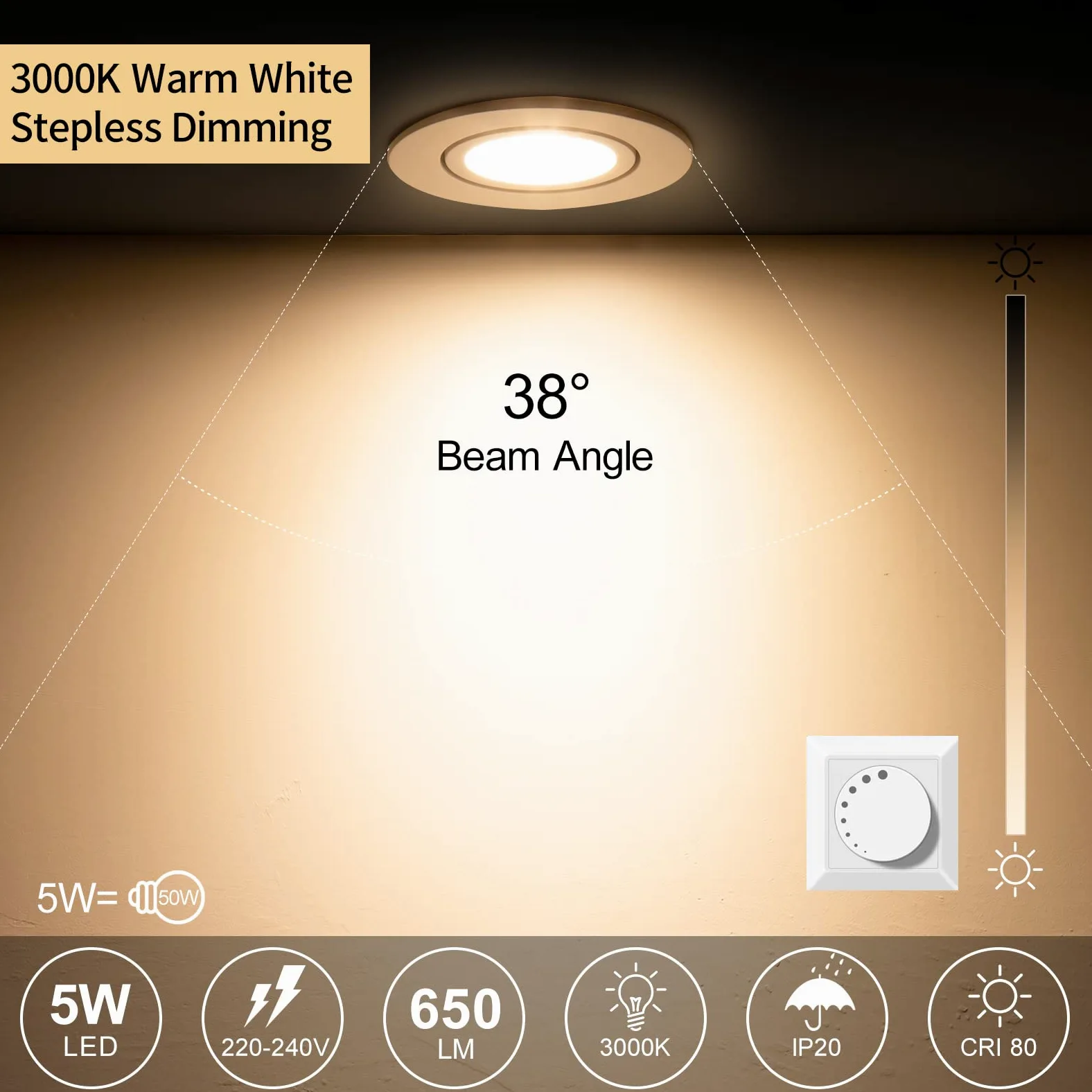 Faretto LED da incasso a soffitto dimmerabile 3000K bianco caldo, Faretti a Luce Led Orientabili 5W 650LM 230V, Rotondi Ultra Piatti Lampada da Incasso per bagno, soggiorno, bianco, set da 6