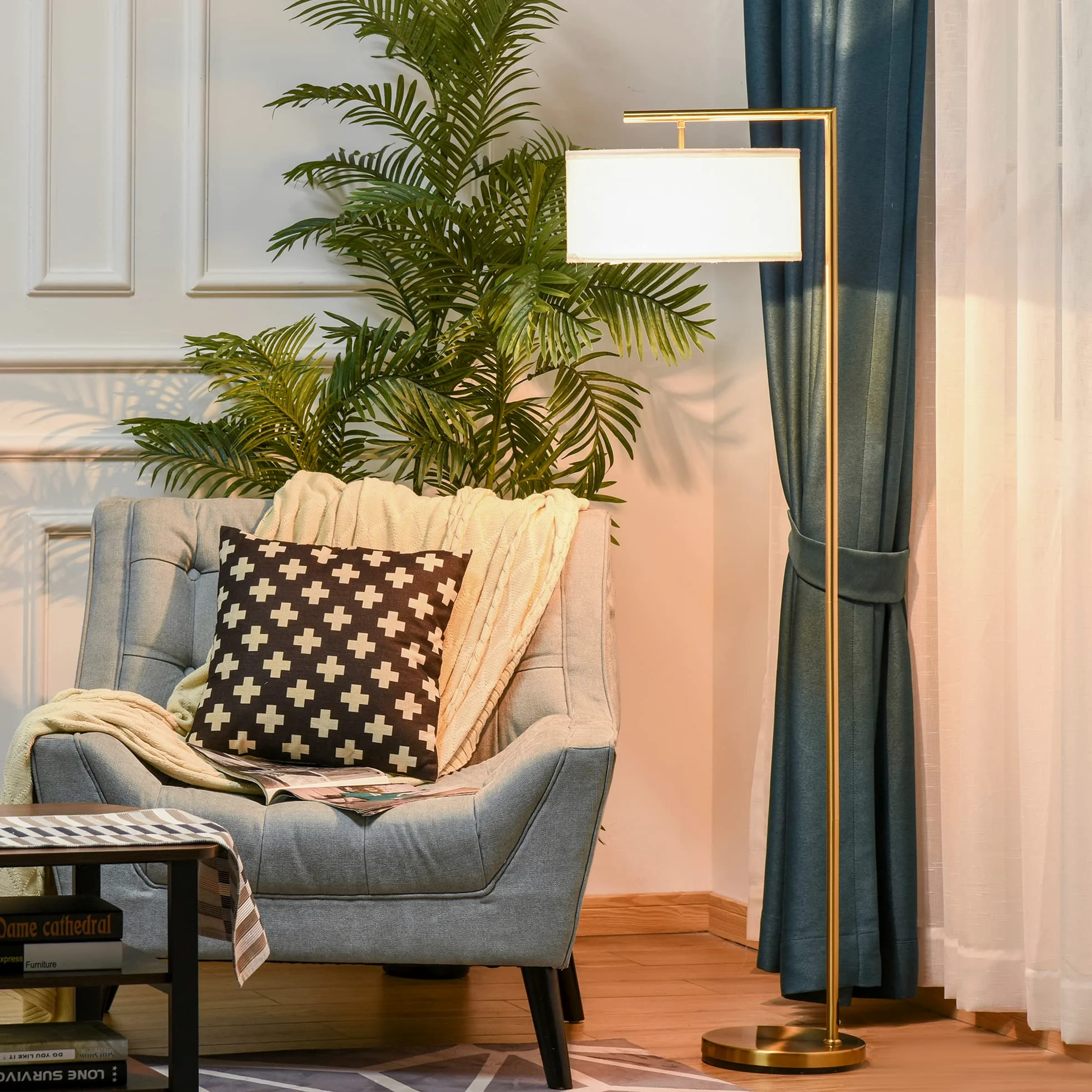HOMCOM Lampada da Terra Moderna in Metallo E27 47x37x153cm Oro e Bianco | Paralume in Tessuto, Lampada da Lettura
