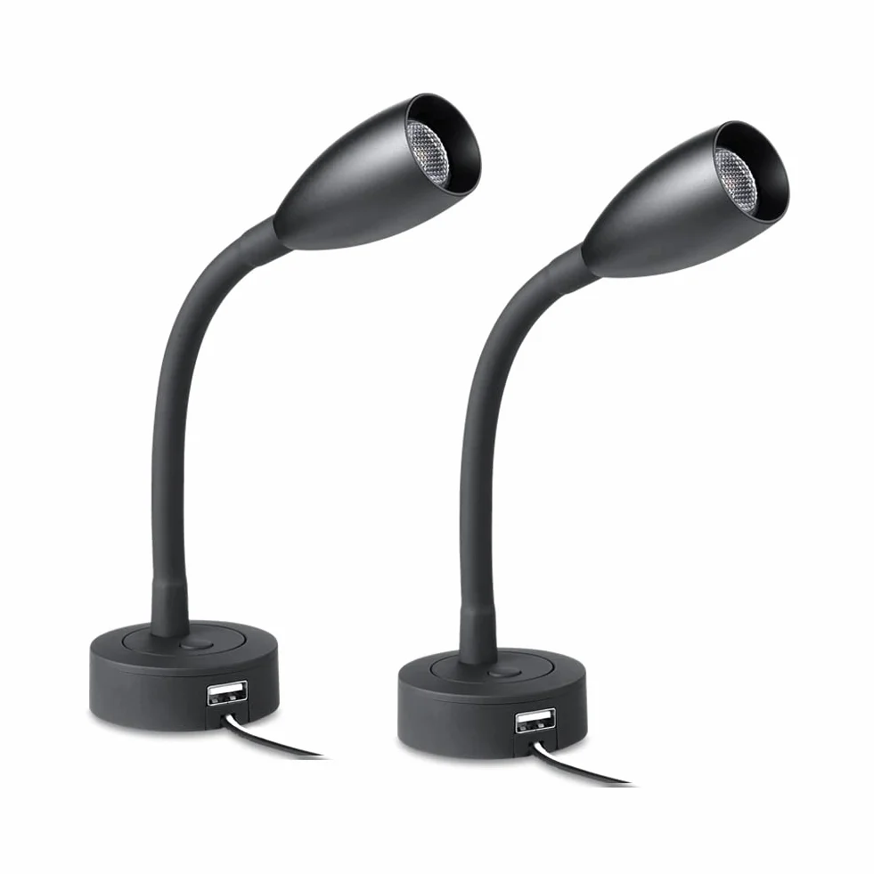 2 x Lampade da Lettura a LED 12V Dimmerabile Spot Camper Barca Lampada da Parete da Comodino 24V Flessibile a Collo di Cigno, Per Caravan Furgone, con Caricatore USB&Interruttore Dimmer