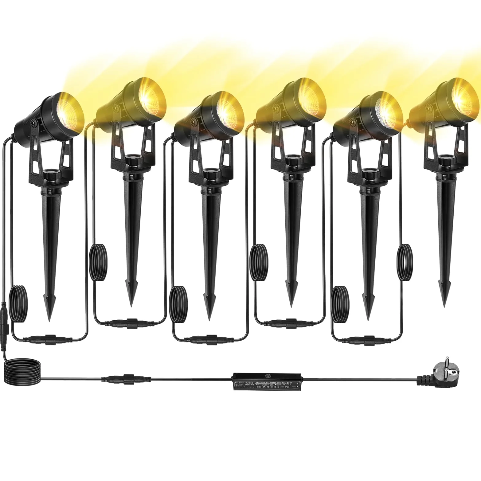 Illuminazione da Giardino 20 Metri 6 in 1, Faretti LED da Esterno 3000K Bianco Caldo, 12V IP65 Impermeabili, Lampade da Terra con Spina, Ideali per Percorsi, Terrazze, Alberi, Prati e Feste