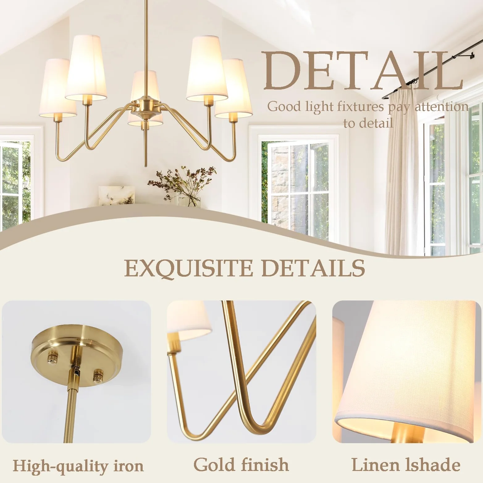 Lampadario Camera Da Letto 5 Luci Oro 76Cm E14 Classic Lineare 160W a Sospensione Con Paralume Bianca Di Lino Per Soggiorno, Cameretta, Cucina