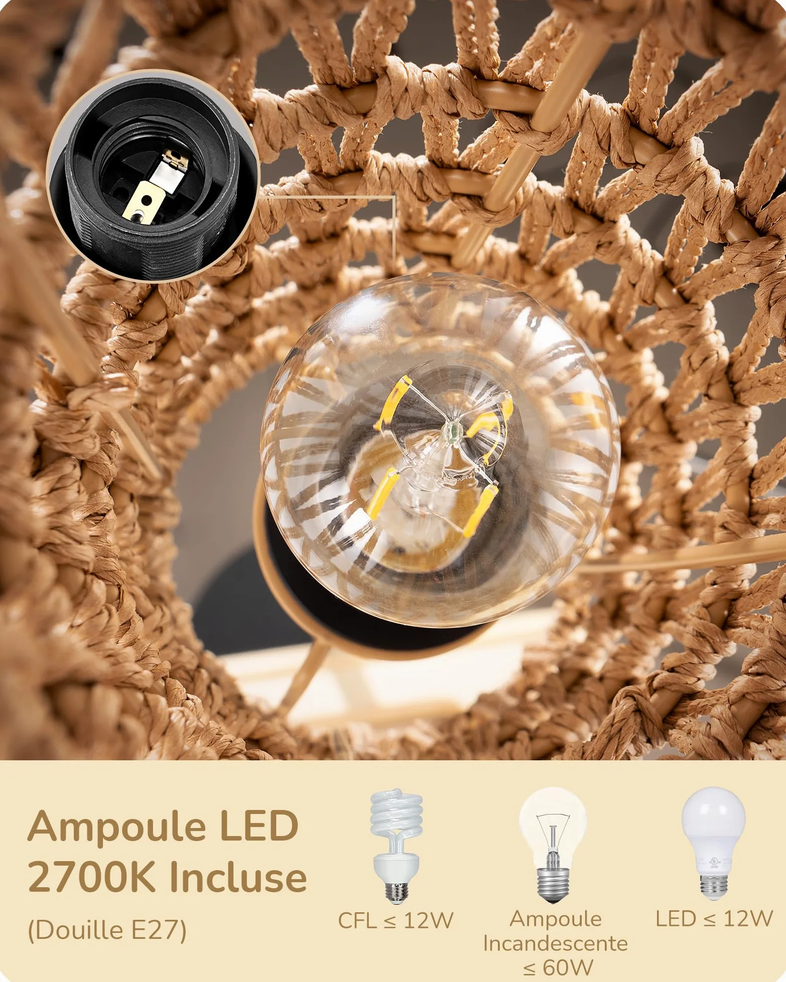 EDISHINE Lampada da Terra con Paralume in Corda Intrecciata, E27 Lampadina LED 2700K Luce Calda Inclusa, Interruttore a Pedale, Lampada da Terra Moderna per Soggiorno, Camera, Ufficio, 165 cm…