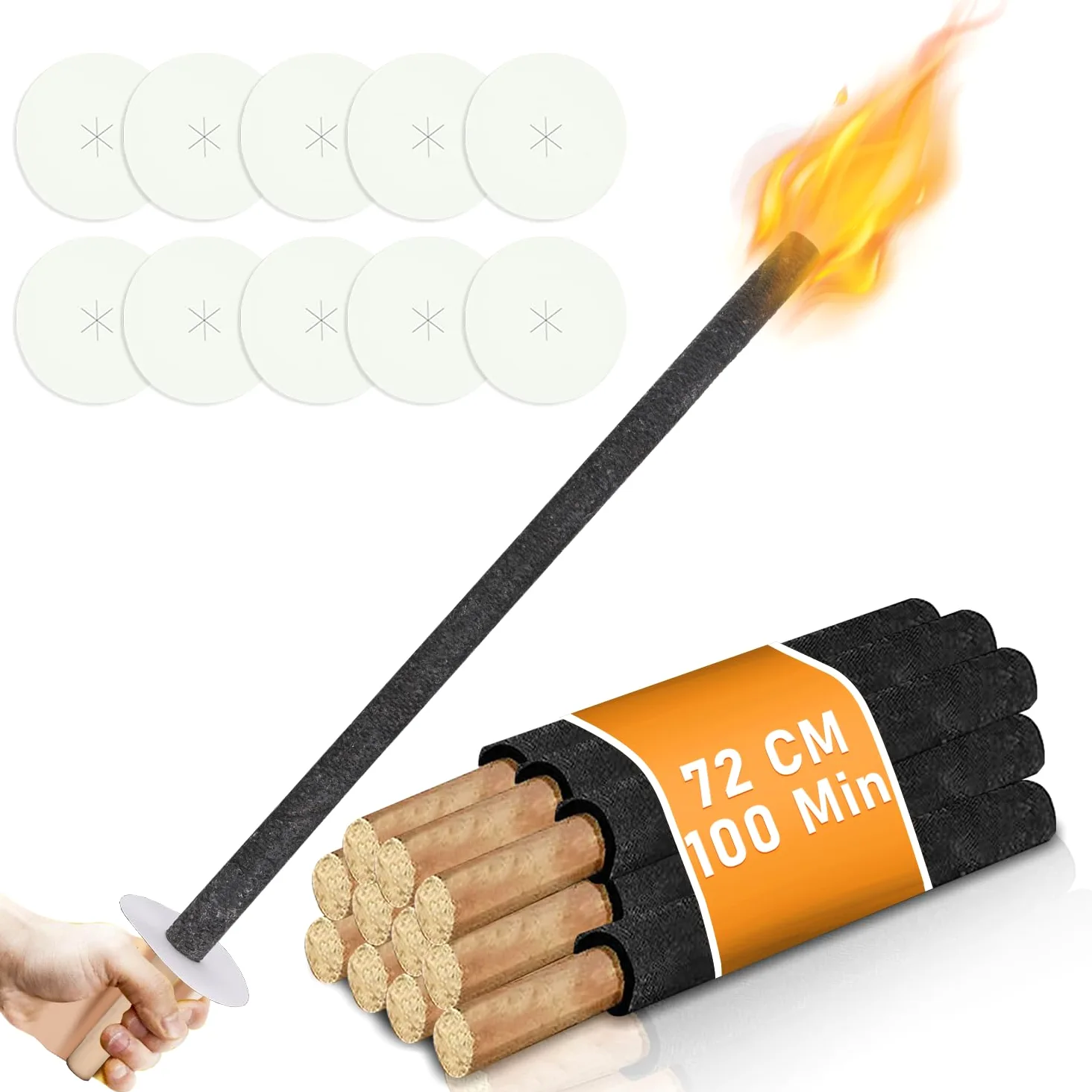 10 torce a cera tempo di combustione 100 min, fiaccole da giardino con protezione per le mani, torcia con manico extra lungo, per un'escursione con bambini, falò, per esterni
