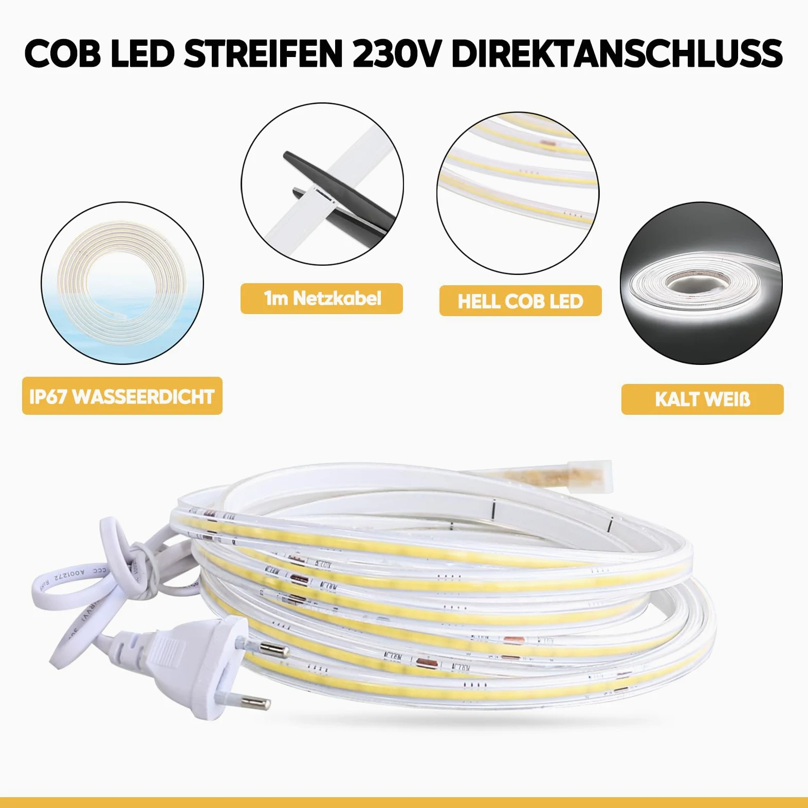 pcning 2M Striscia LED COB 4000K Bianco IP67 Waterproof da Interno Esterno, 2 Metro Luce Naturale Strip Light con Spina (Bianco, 2M)