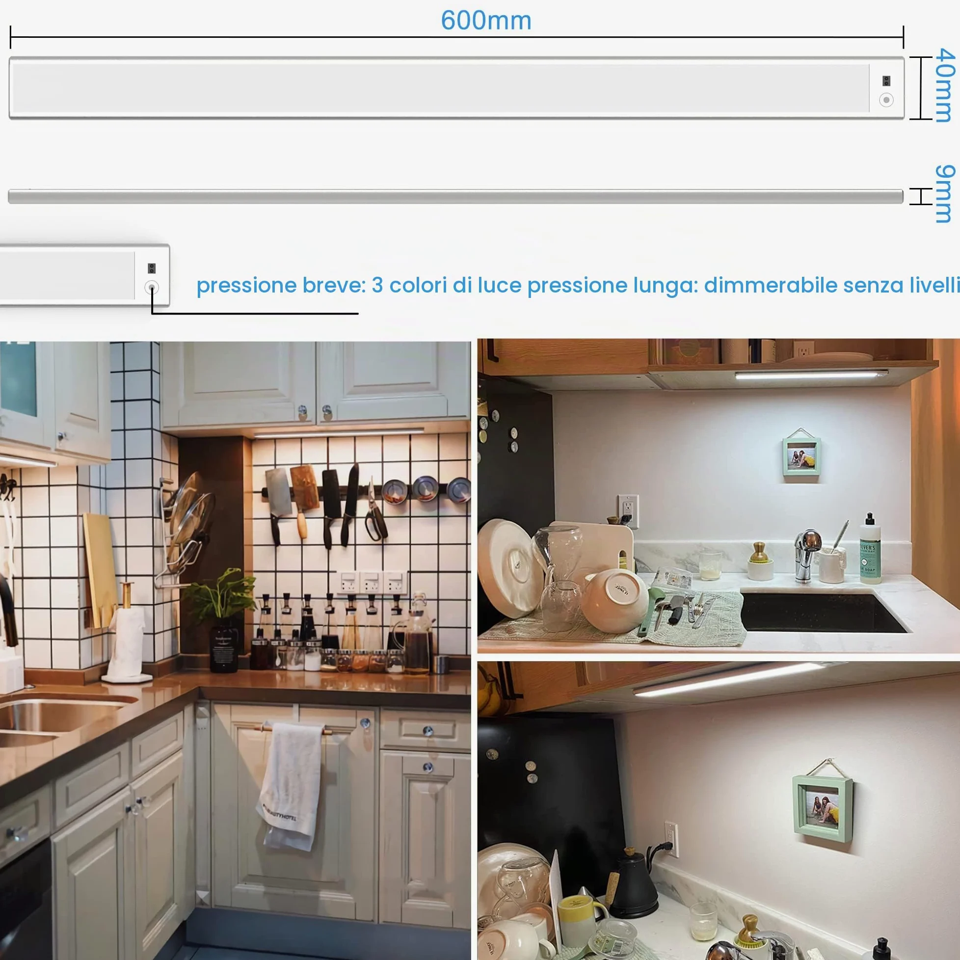60cm Luce LED Sottopensile con Sensore Movimento a Mano,Barra Luminosa Ricaricabile USB 4500mAh 3Colori Dimmerabile,LED Magnetica Funzione Memoria Senza Fili per Cucina,Armadio,Bagno
