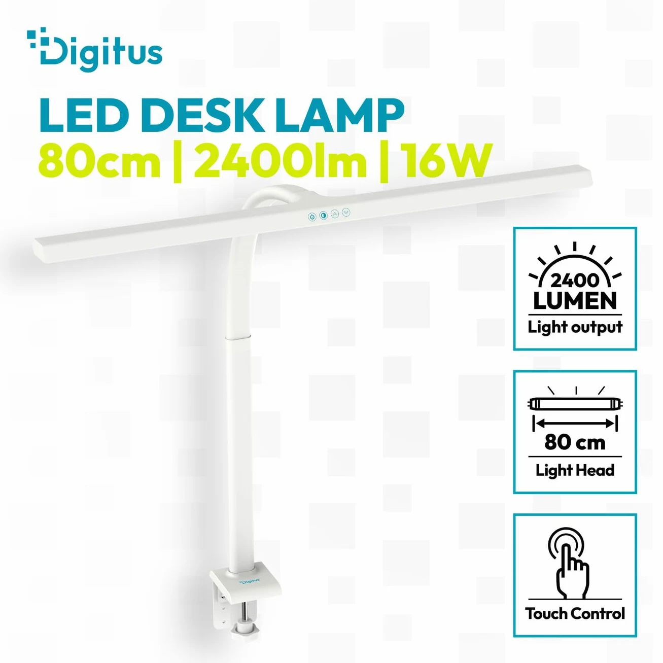 Digitus Lampada da scrivania a LED – 2400 lumen – 80 cm di larghezza – 16 W | 1000 lux – Temperatura di colore a 4 livelli – Regolabile – Comando touch – Braccio flessibile – Base a morsetto – Bianco