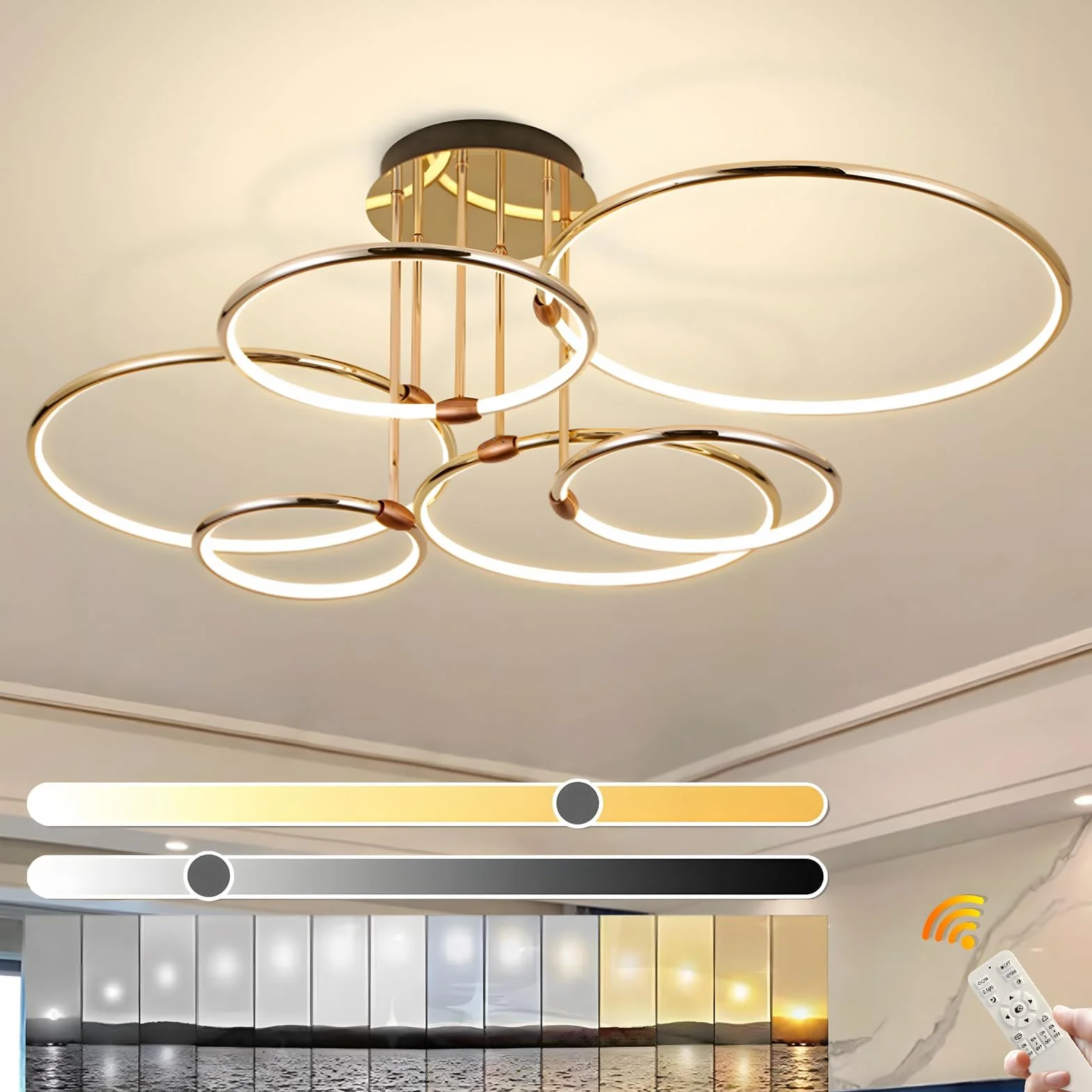 LED Plafoniera, Ø105cm Lampadario Cerchio In Metallo Dorato, 145W Dimmerabile Continuo 3000-6000K, Lampadario Rotondo Moderno In Placca Camera Letto Soggiorno Bambini Ufficio Studio (6 Anelli)