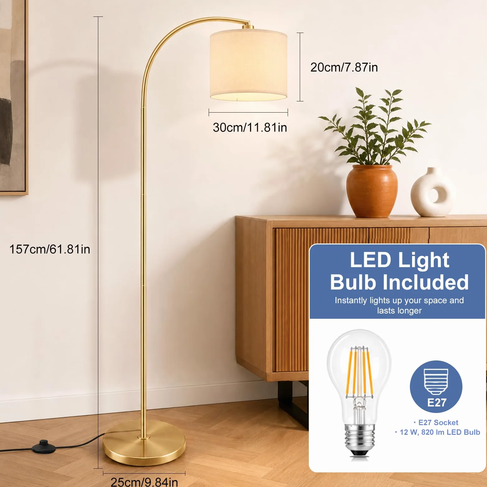 Lampada Da Terra Ad Arco 157 cm, Testa Orientabile, E27, Oro | Paralume in lino, lampadina LED 12W a 3 tonalità inclusa, interruttore a pedale, base stabile in metallo
