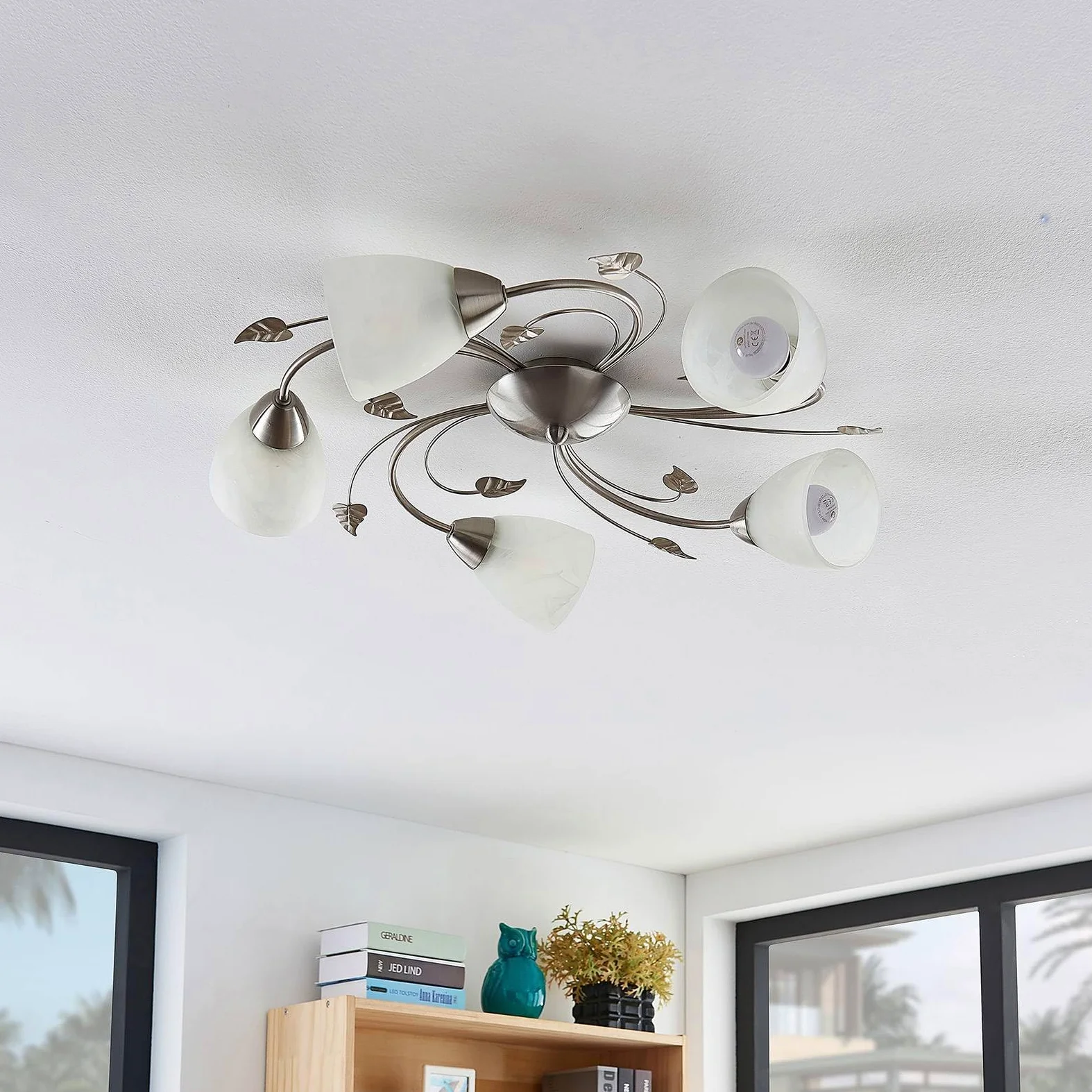 Lindby Romantica Plafoniera Led Soffitto, Lampadario Soggiorno Design Floreale Camera Da Letto Stile Antico Lampada 5 Luci E14 Decoro Foglie e Fiori Metallo Argento